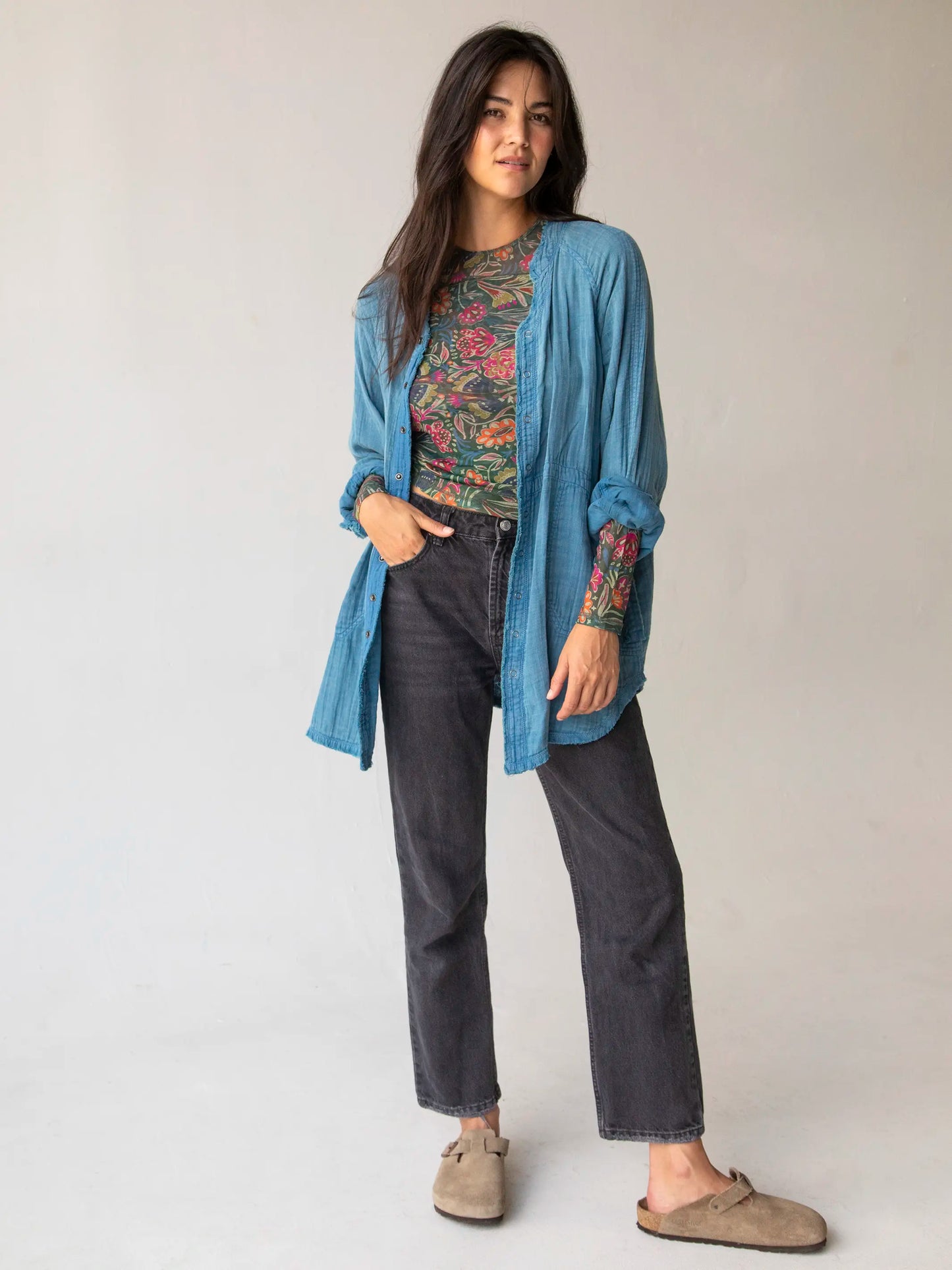 Sloane Mesh Long Sleeve Top - Green Painterly Vines