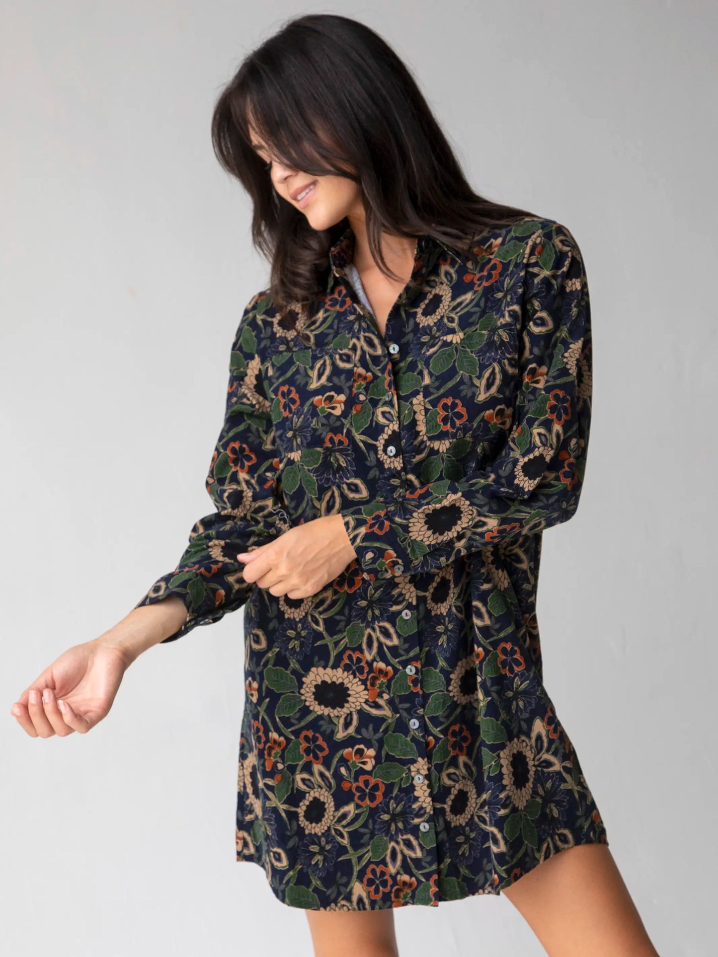 Rocky Corduroy Dress - Navy Tan Dahlias