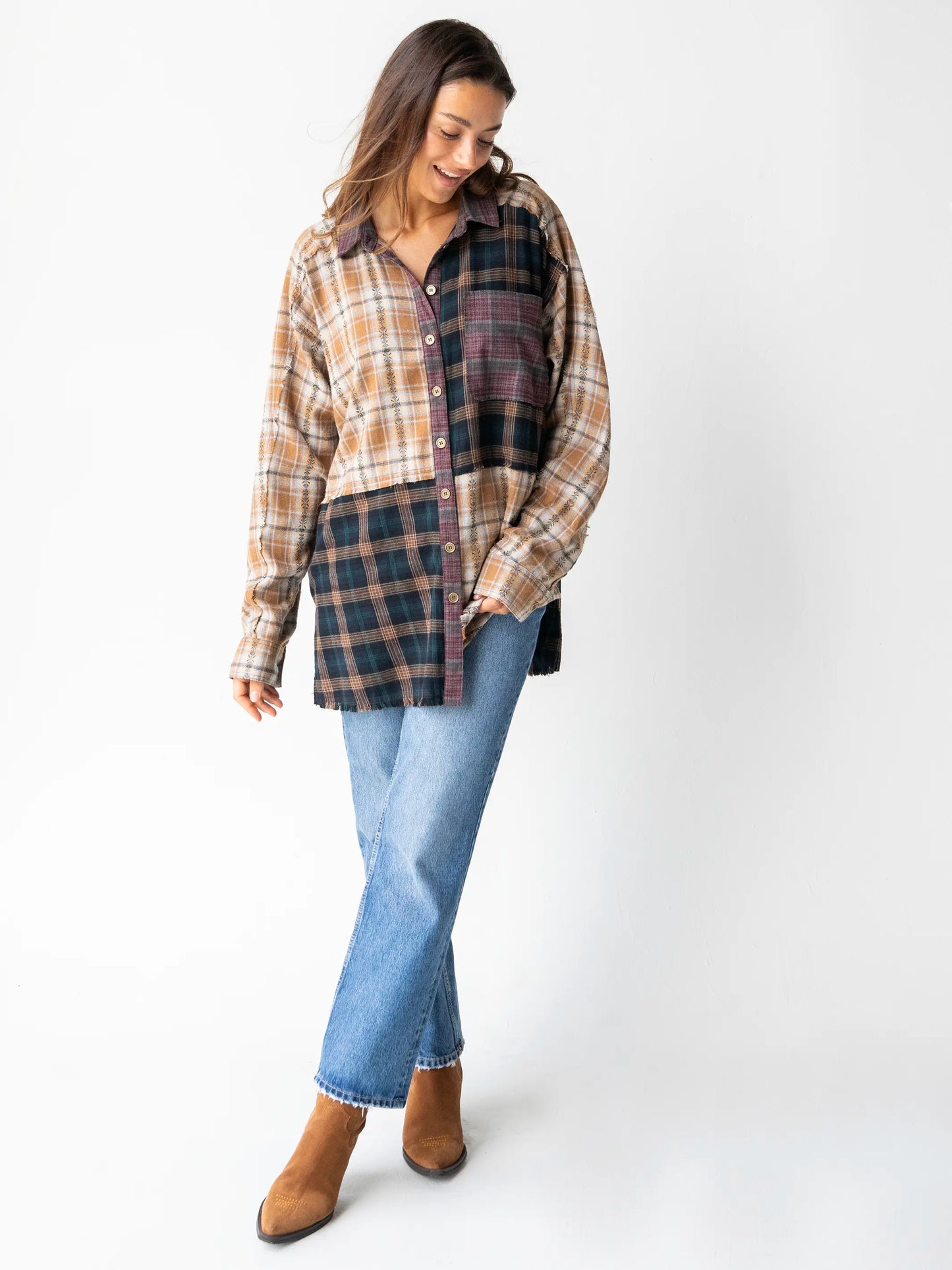 Elliott Oversized Mixed Flannel Shirt - Tan Navy Plaid