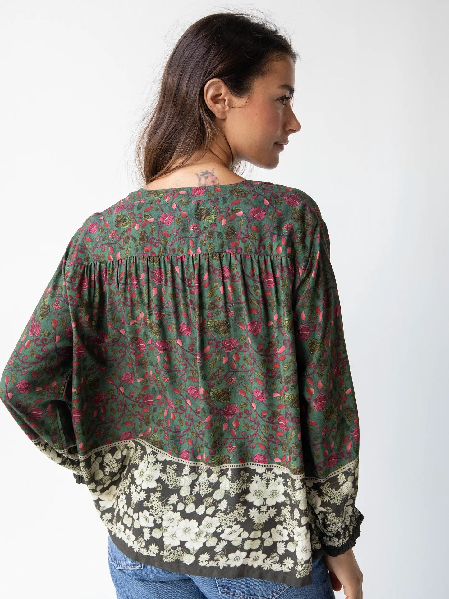 Dara Top - Green Floral Border