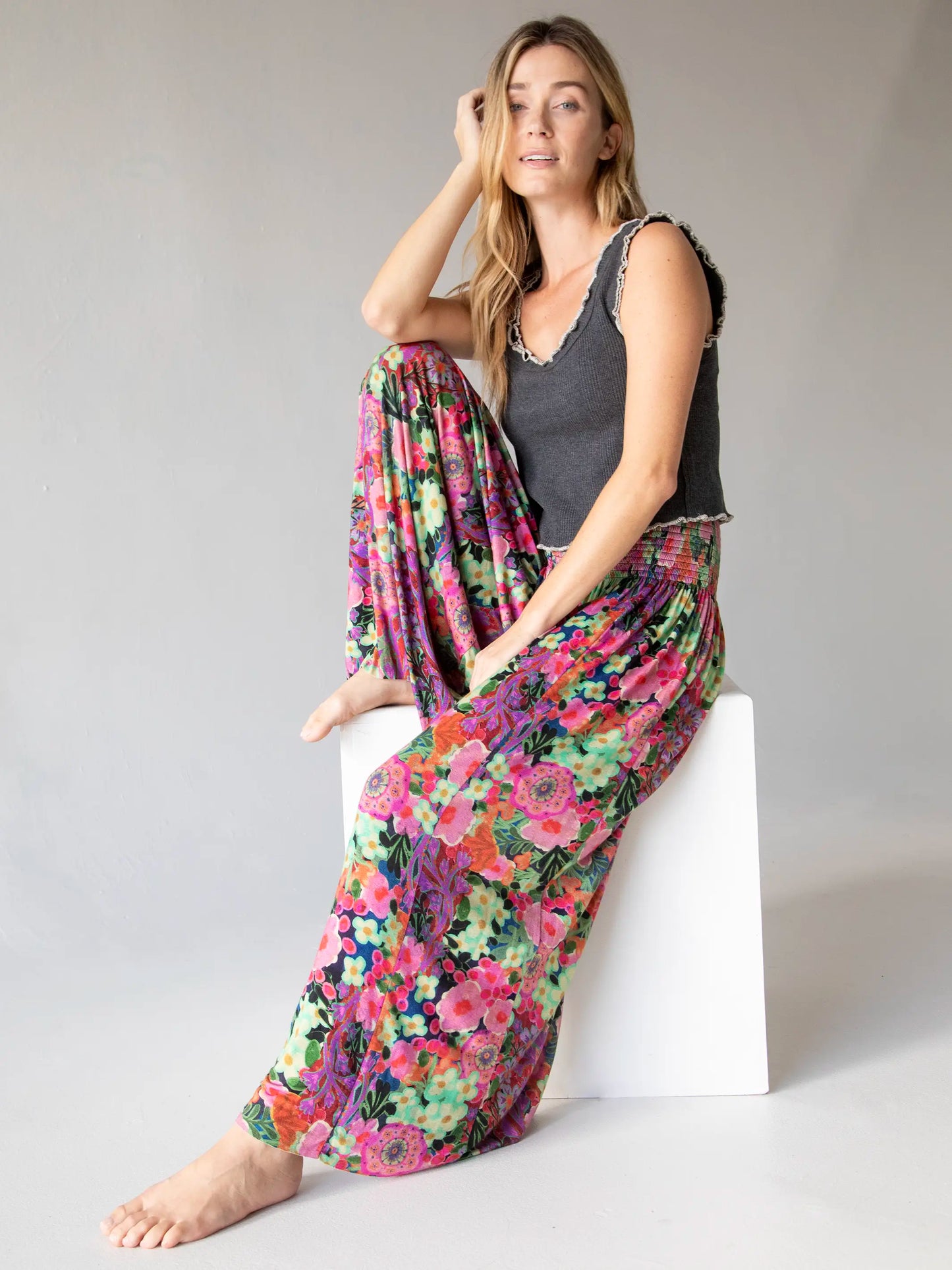Make A Move "ButterSoft" Knit Palazzo Pant - Pink Painted Garden
