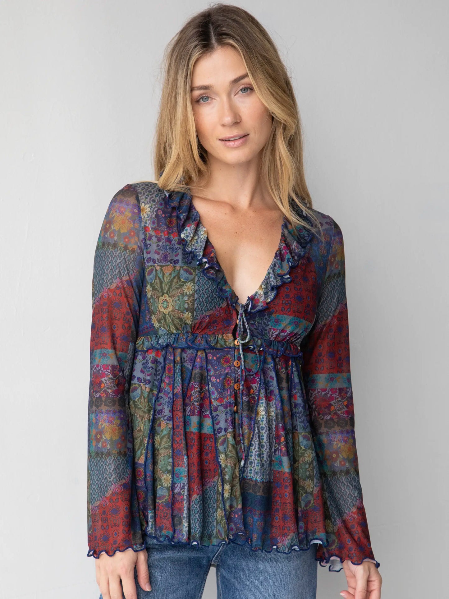 Sierra Ruffle Mesh Top - Blue Patchwork