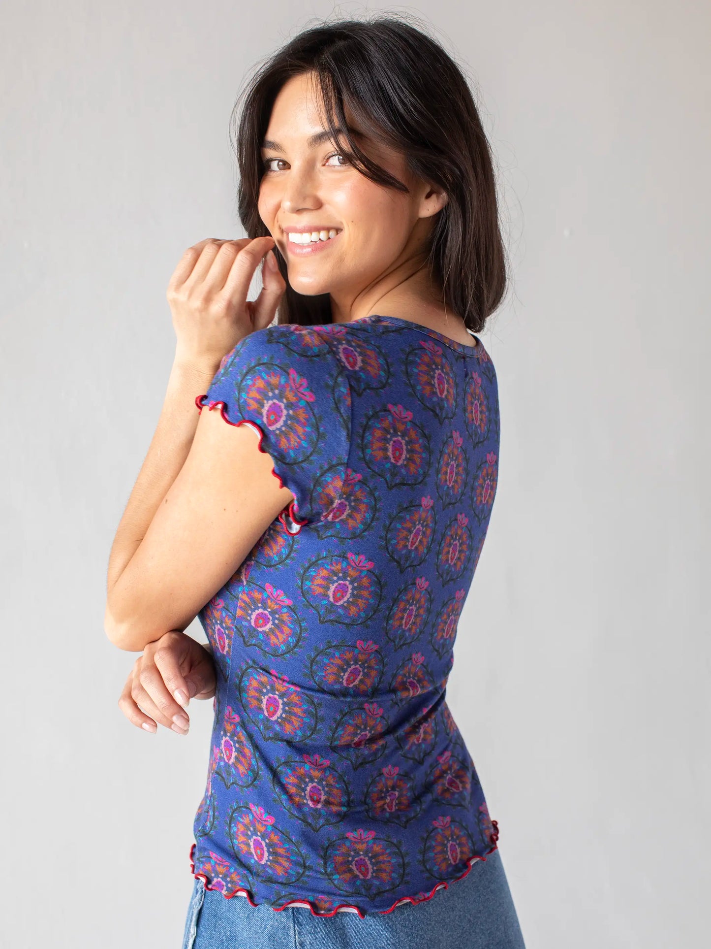 Devon "ButterSoft" Short Sleeve Top - Navy Medallions