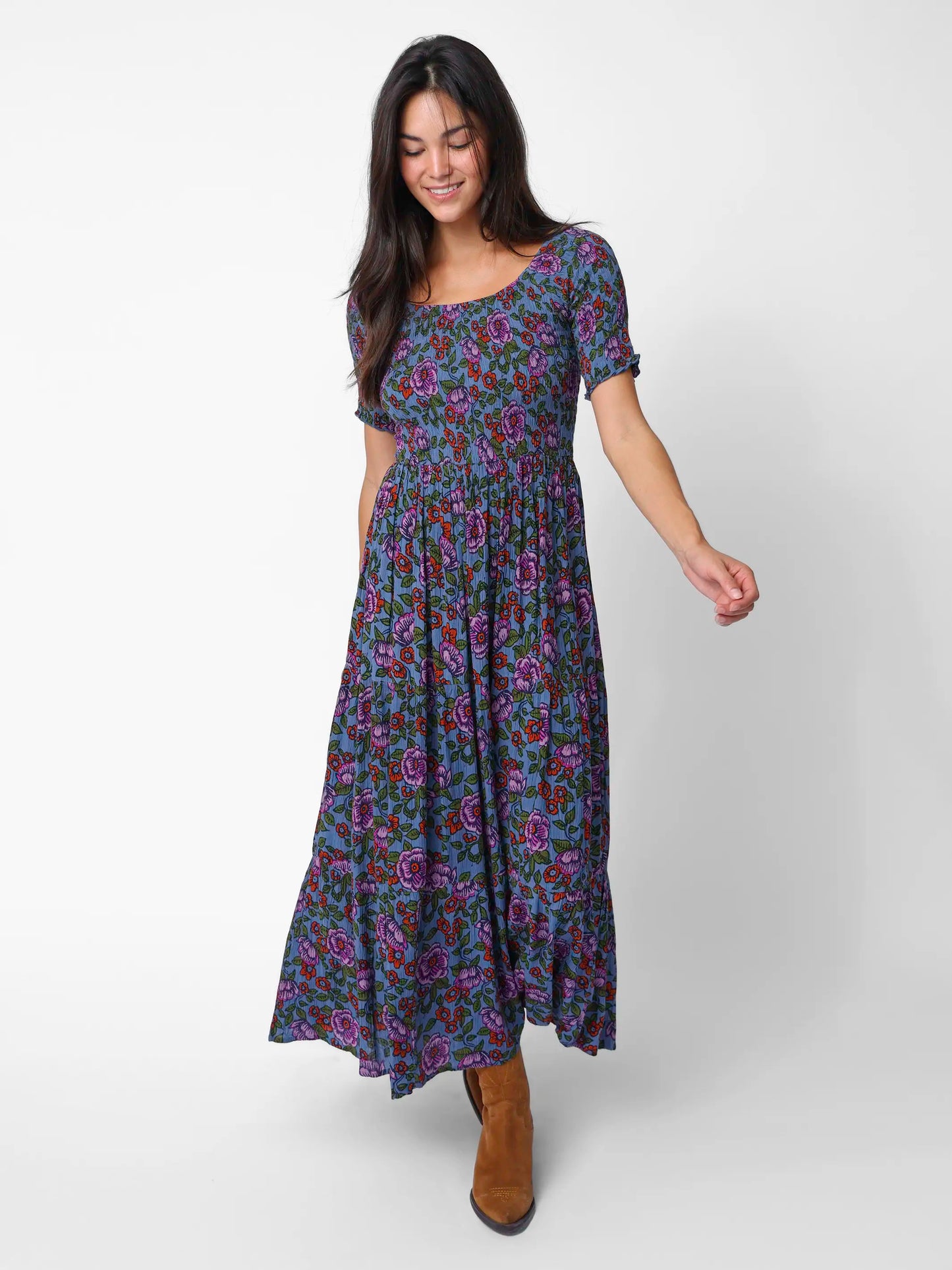 Daisy Tiered Maxi Dress - Woodcut Floral Blue