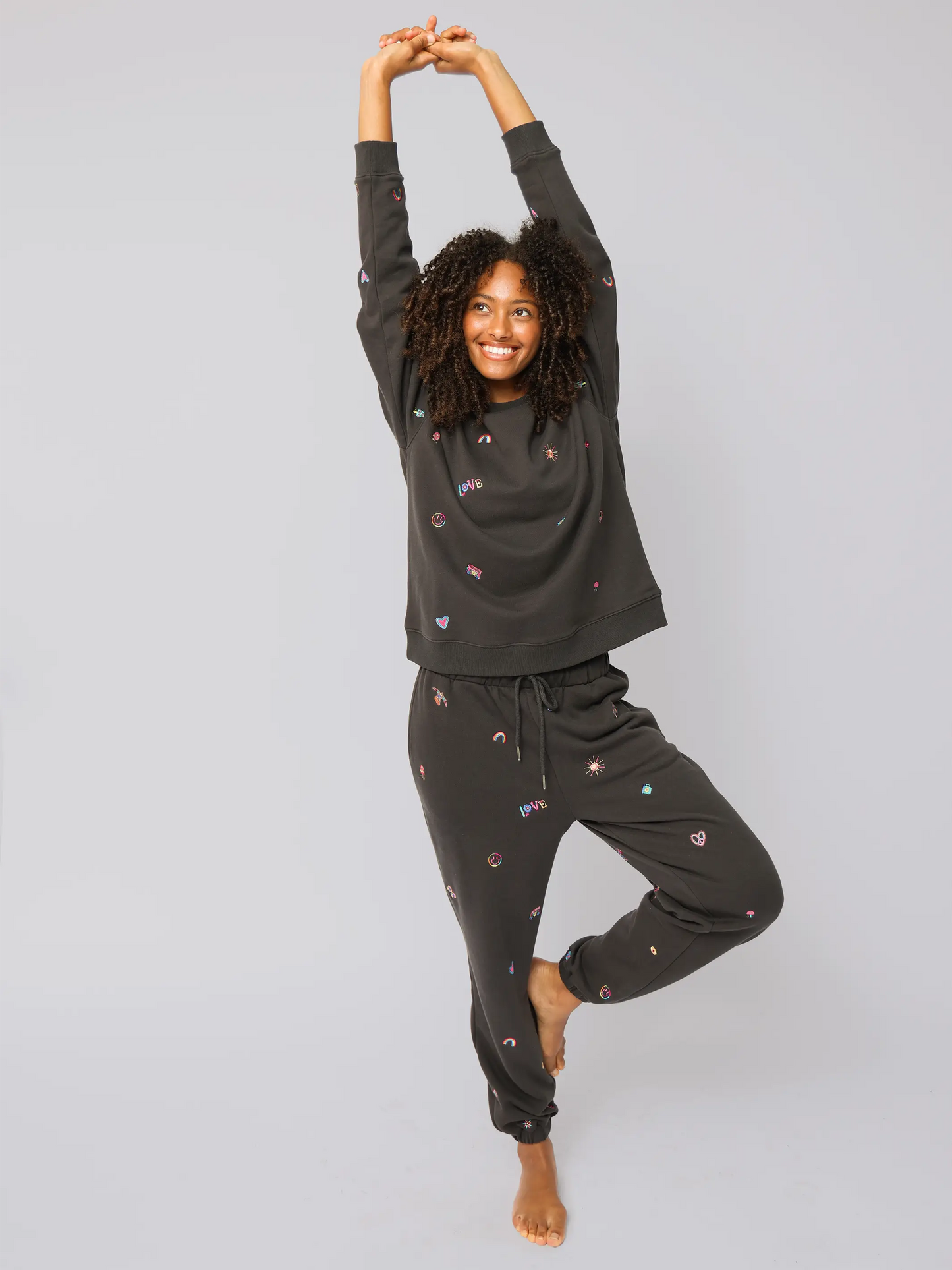 Fave Little Things Embroidered Jogger Pants - Charcoal Doodle