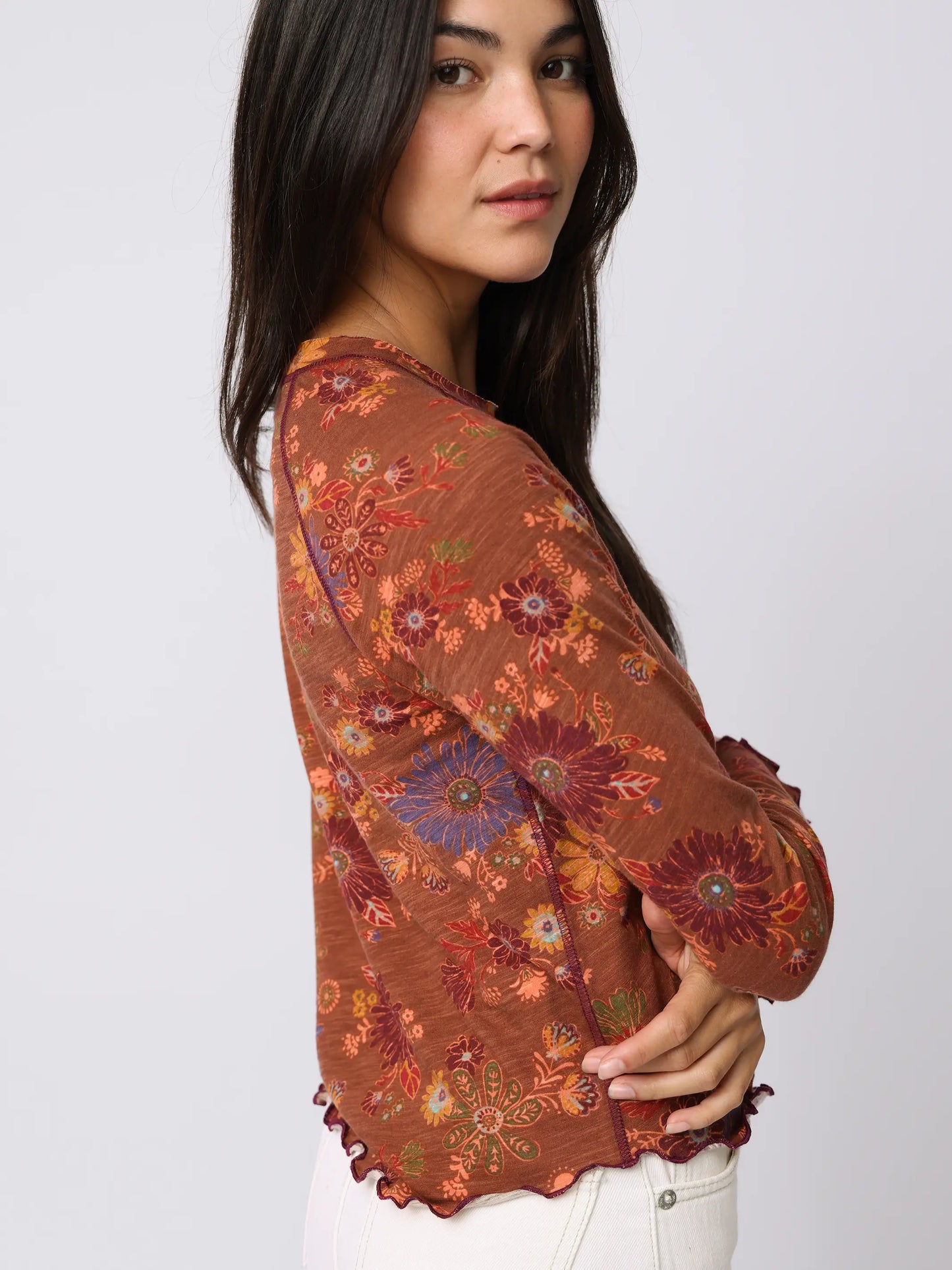 Lily Cotton Long Sleeve Tee Shirt - Aster Clusters Brown