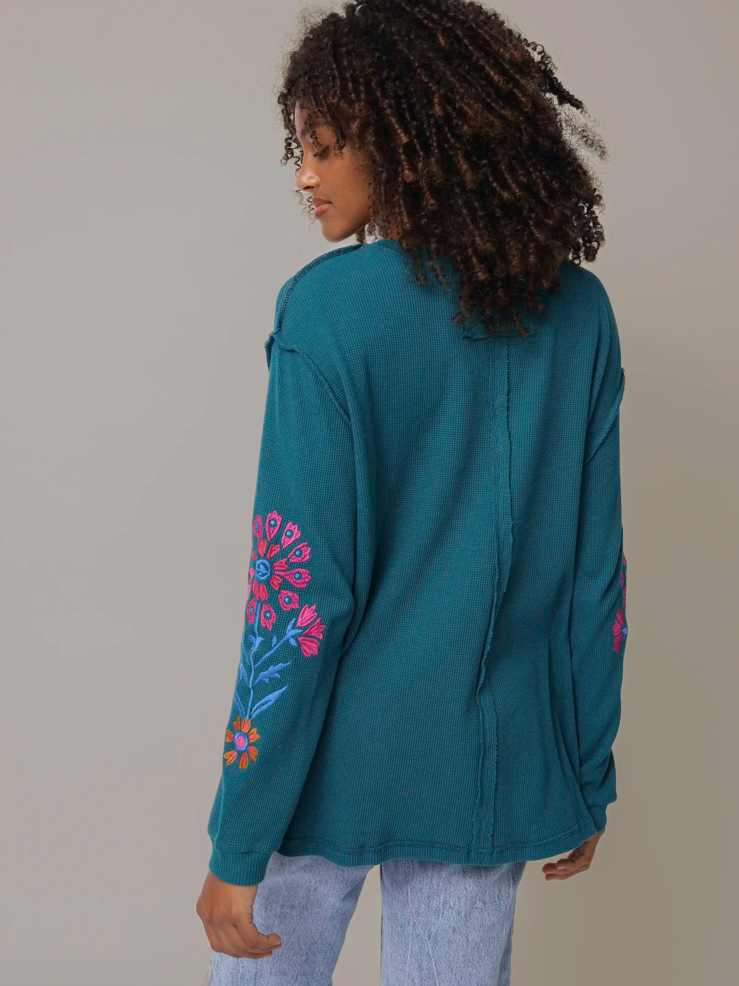 Aida Embroidered Thermal - Teal Folk Bouquet