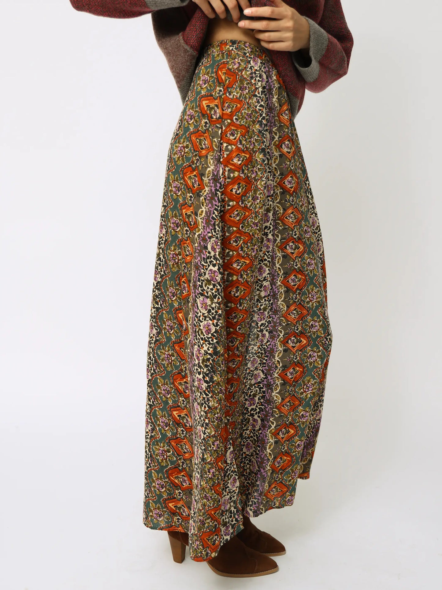Ginger Side Slit Maxi Skirt - Brown Tuscany Border