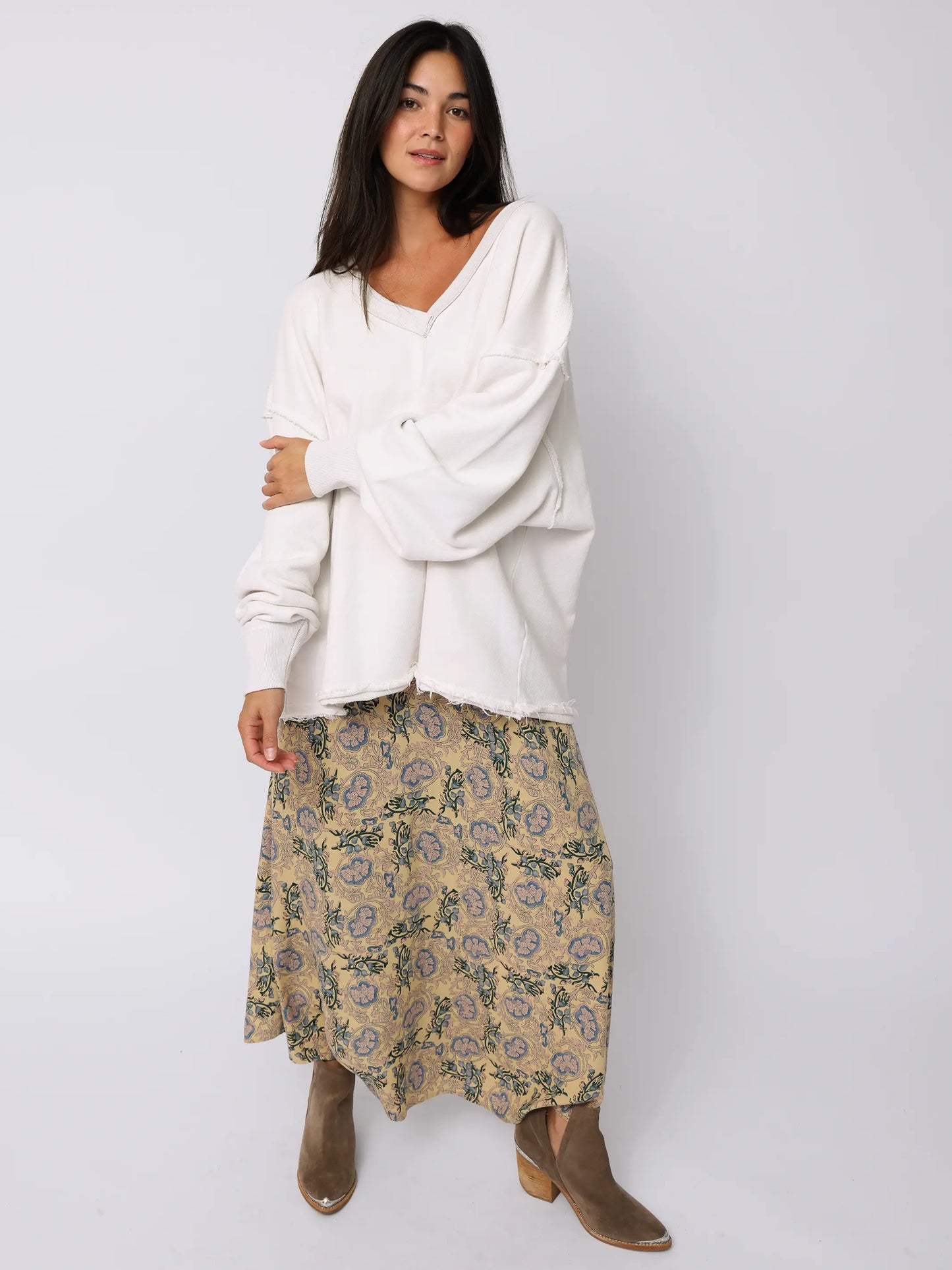Ginger Side-Slit Maxi Skirt - Cream India Vines