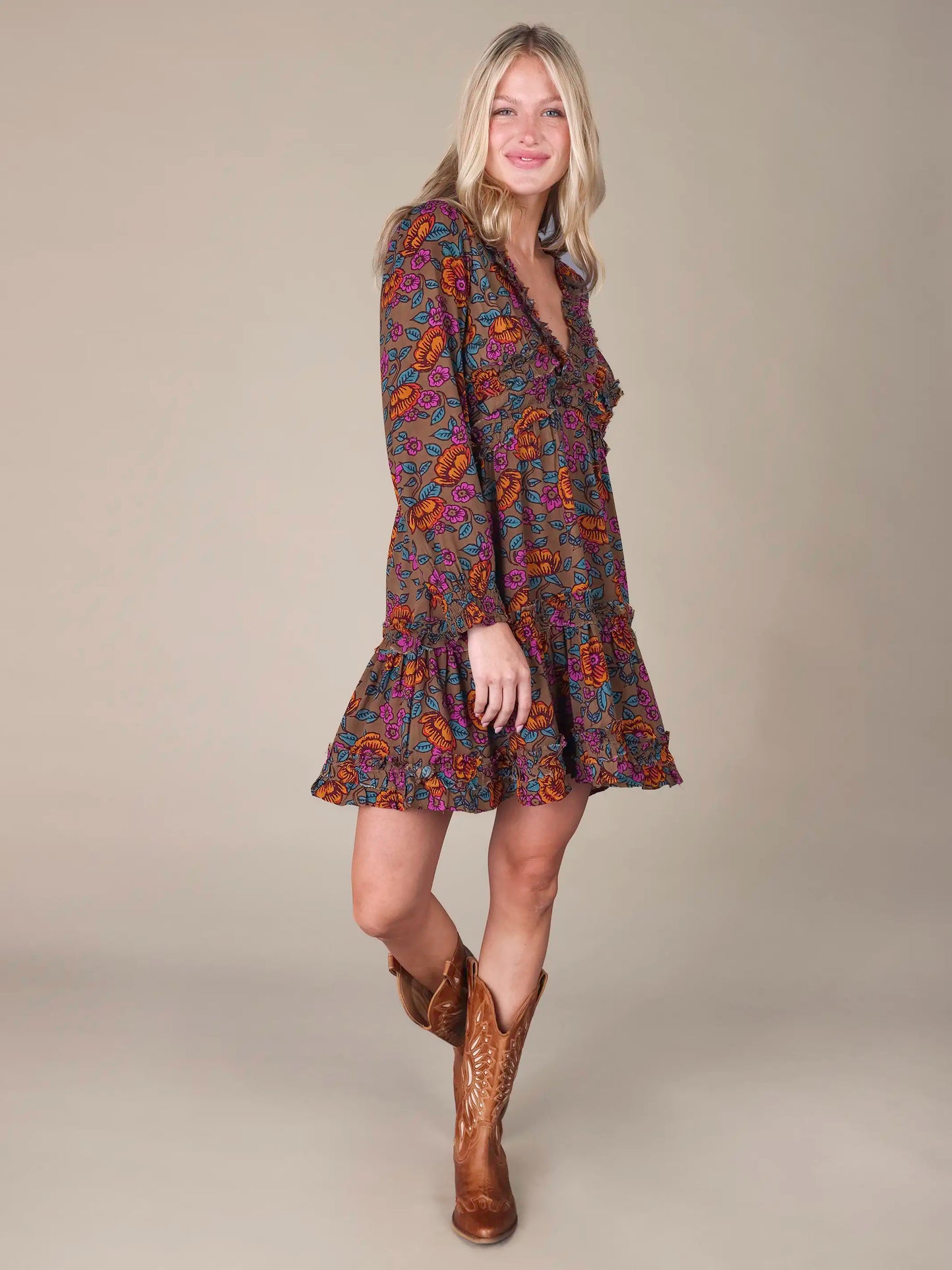 Short & Sweet Mini Dress - Woodcut Floral Bronze