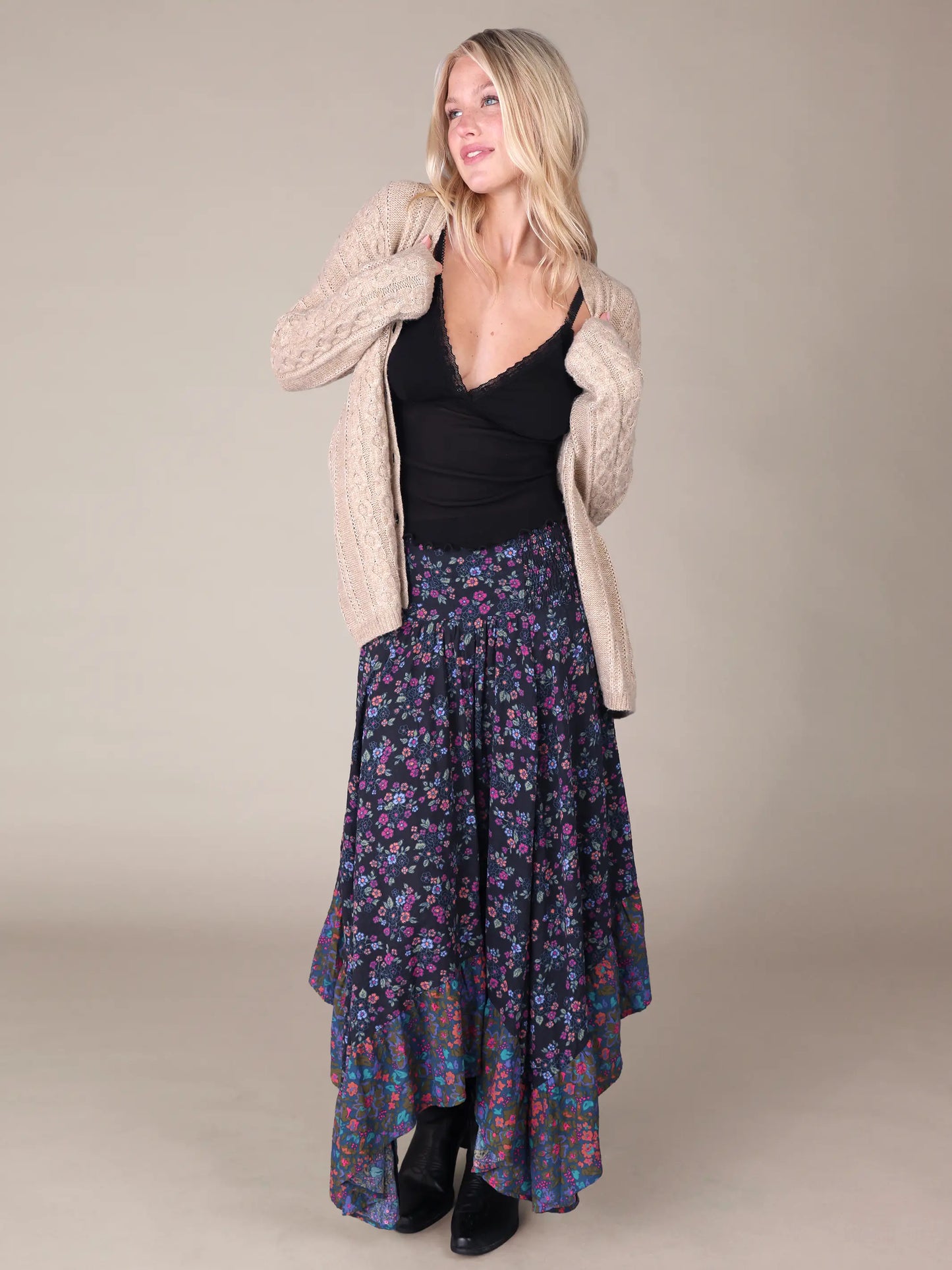 Feelin' Alive Convertible Midi Skirt - Wildflower Ditsy Charcoal