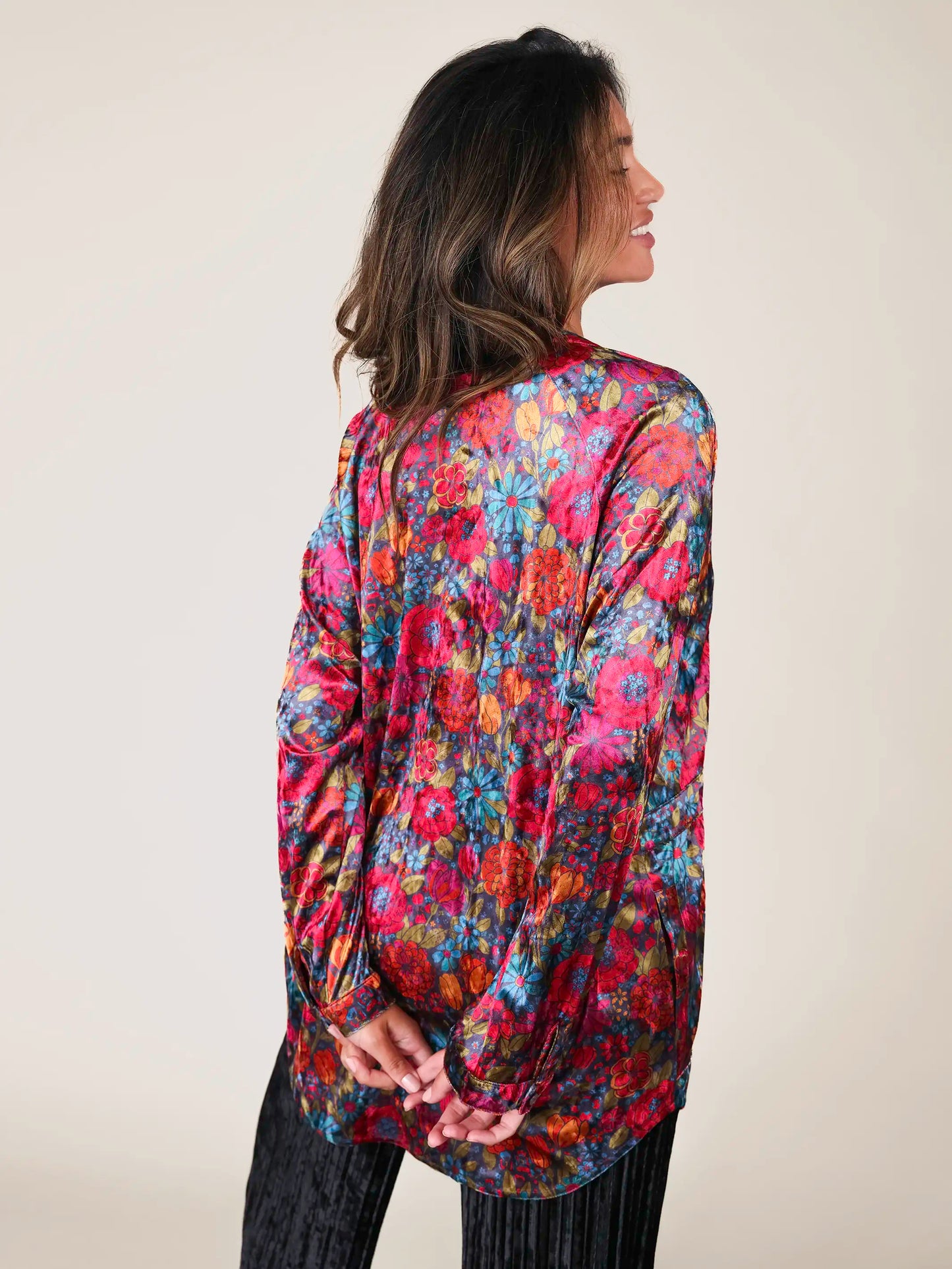 Laid Back Velvet Button Down - Drawn Garden Charcoal