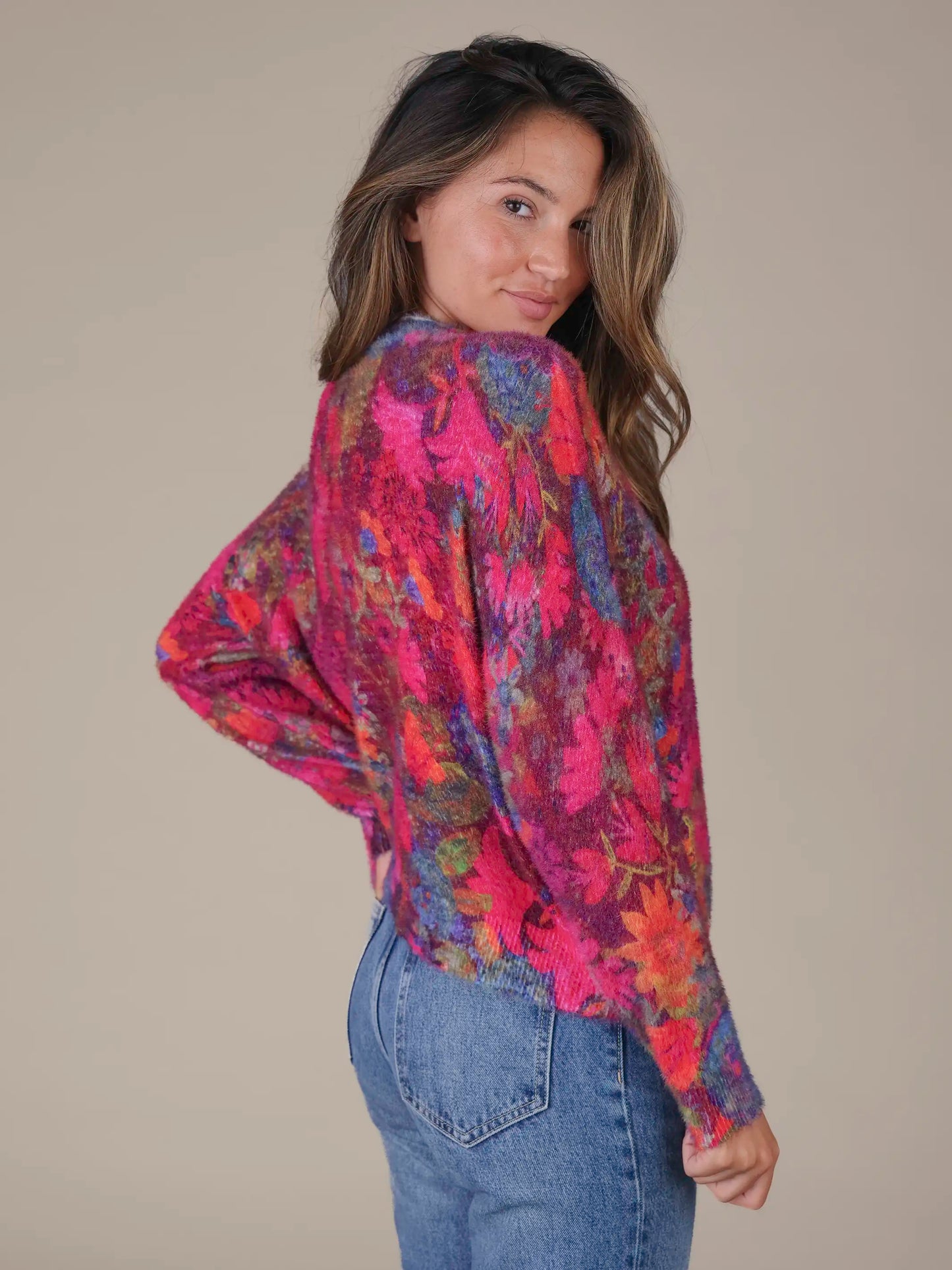 Cashmere-Like Mock Neck Sweater - Dark Floral Garden