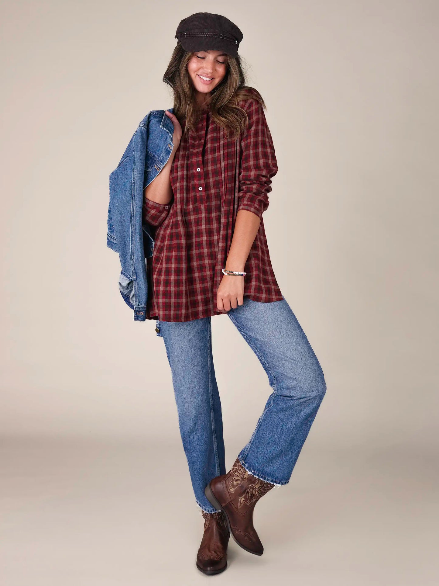 Lowen Cotton Tunic - Cranberry Tan Plaid