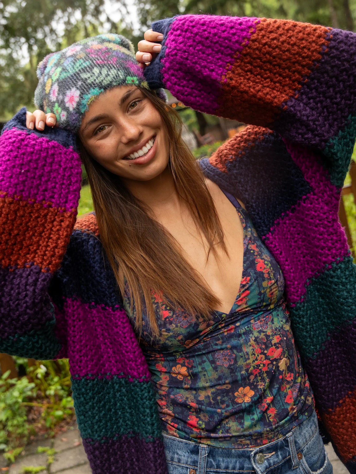 Oversized Striped Cardigan Sweater - Navy