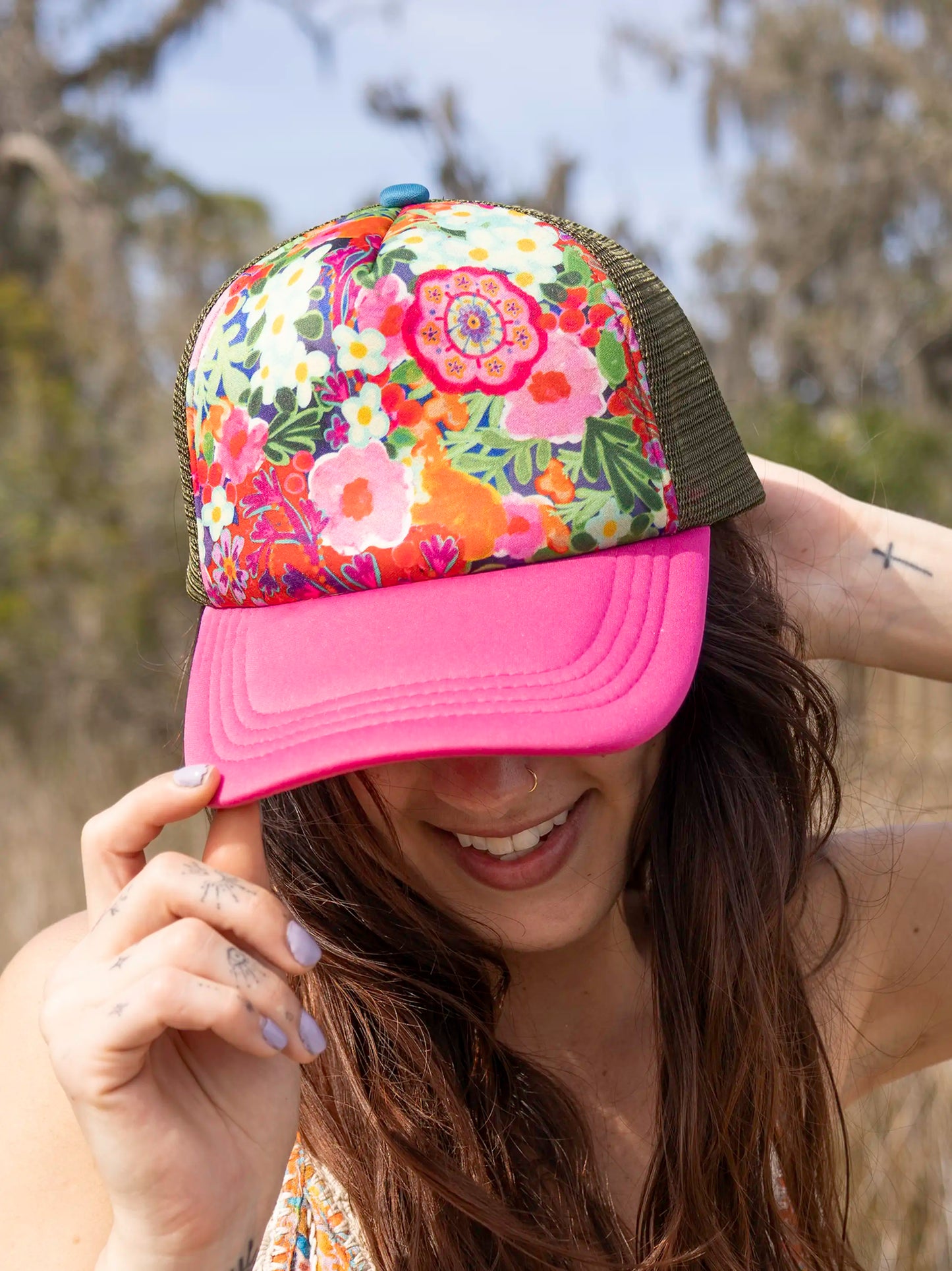 Adjustable Trucker Hat - Pink Painted Garden