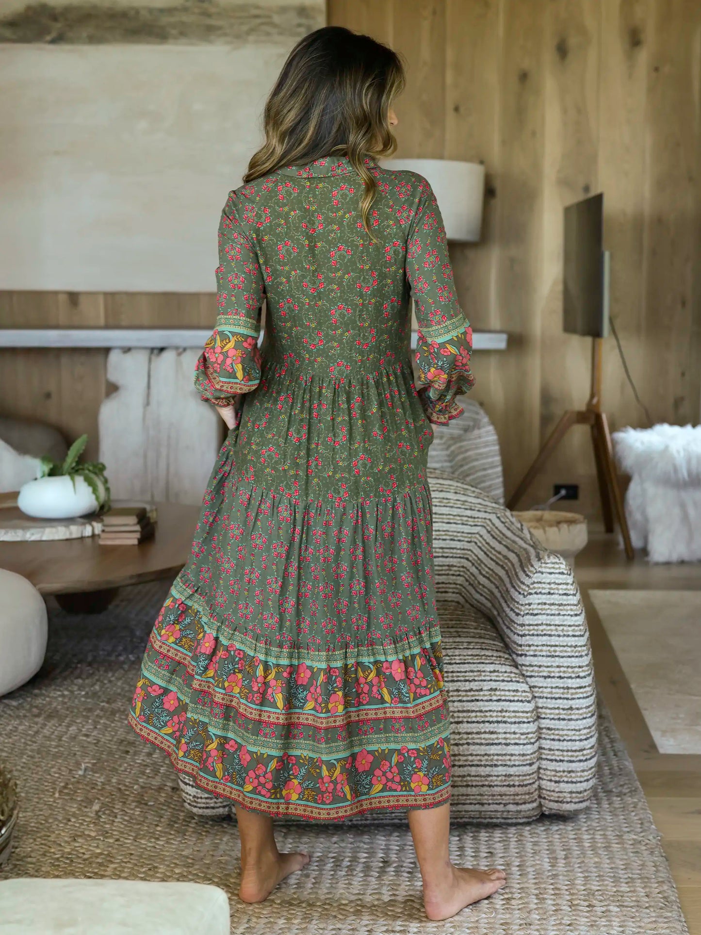 Rebecca Long Sleeve Midi Dress - Filigree Border Olive