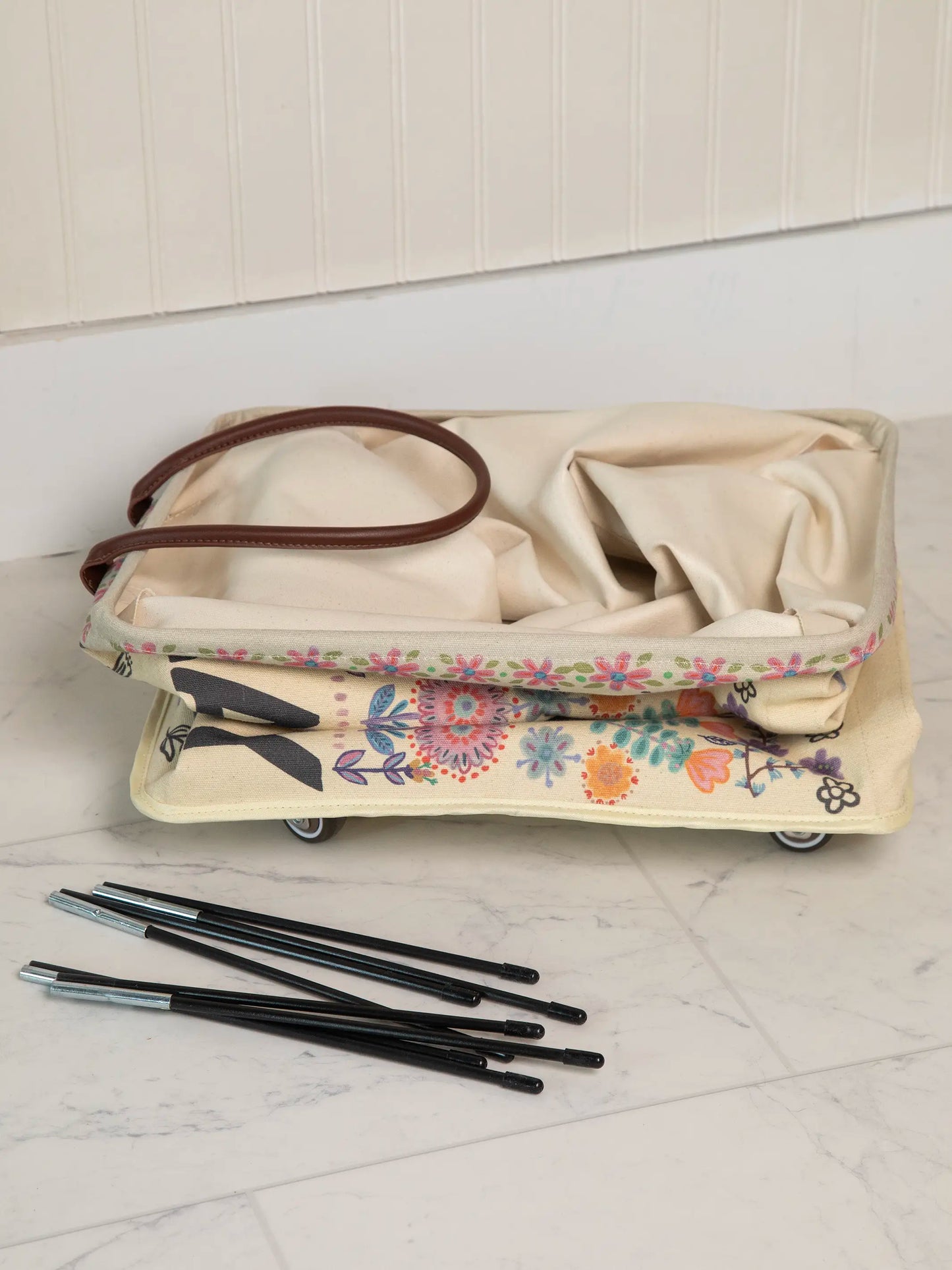 Rolling Laundry Hamper - Cream Folk Flower