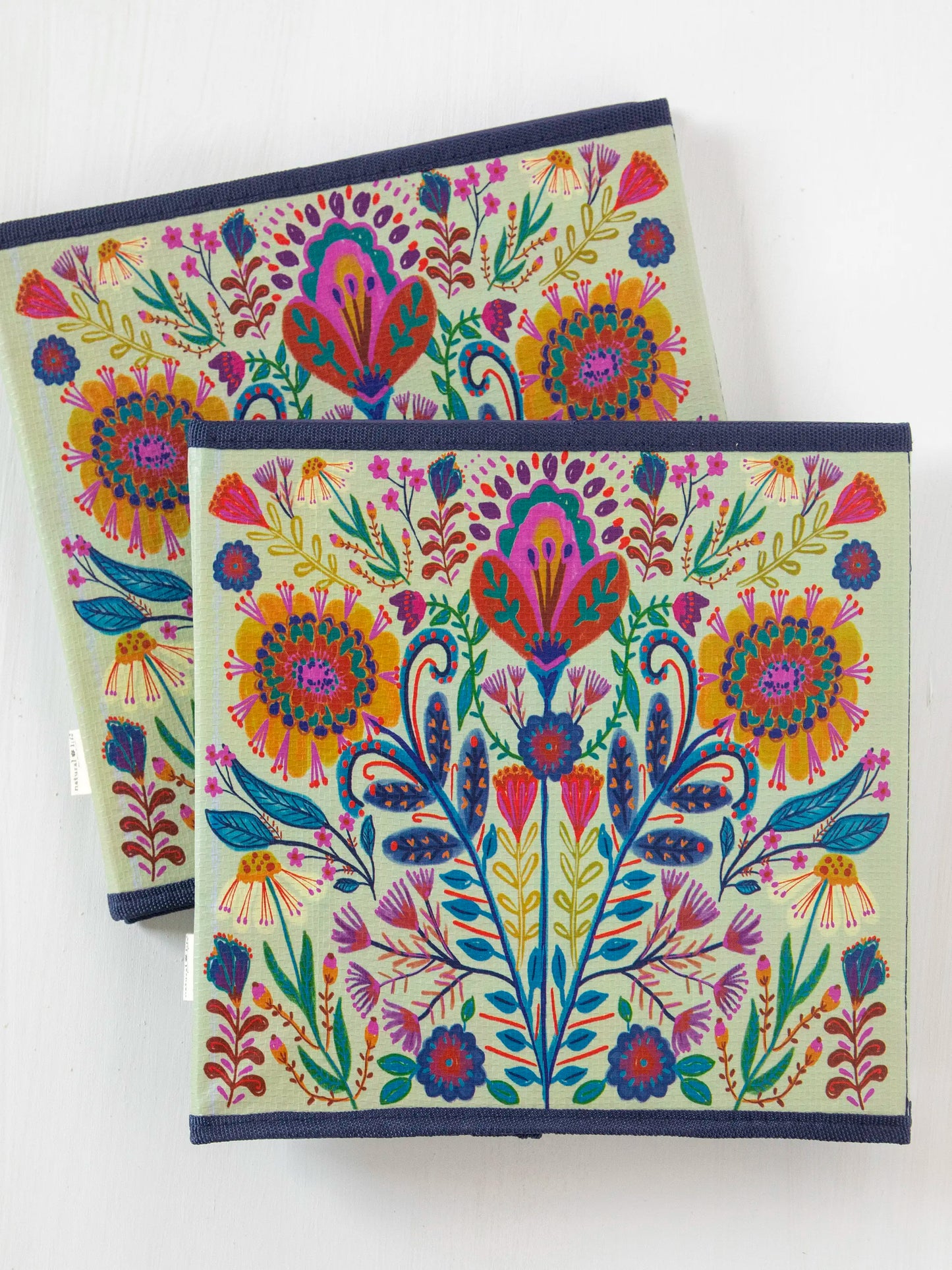 Collapsible Storage Cubes, Set of 2 - Cream Folk Flower