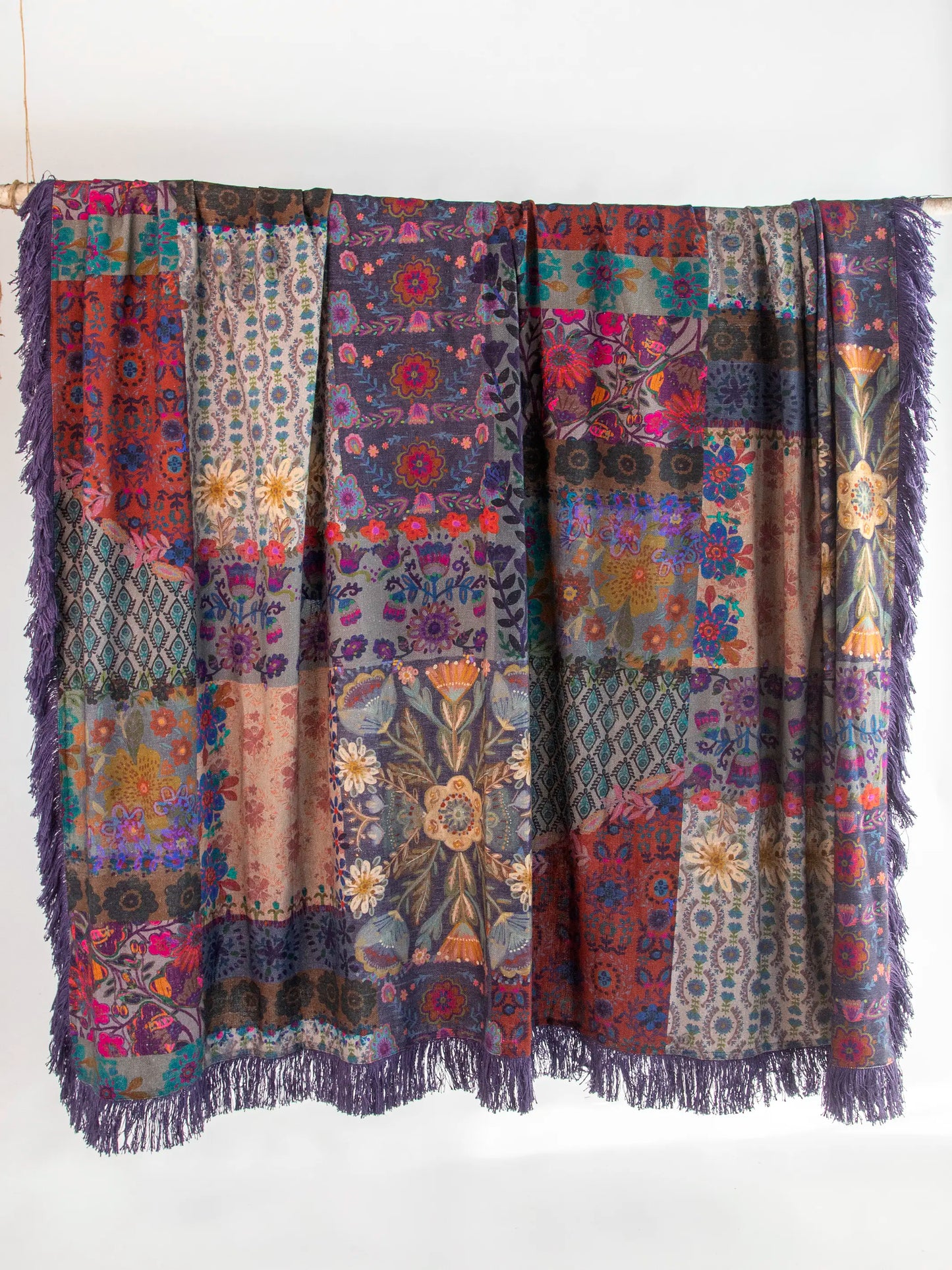 Boho Fringe Bedspread - Blue Patchwork