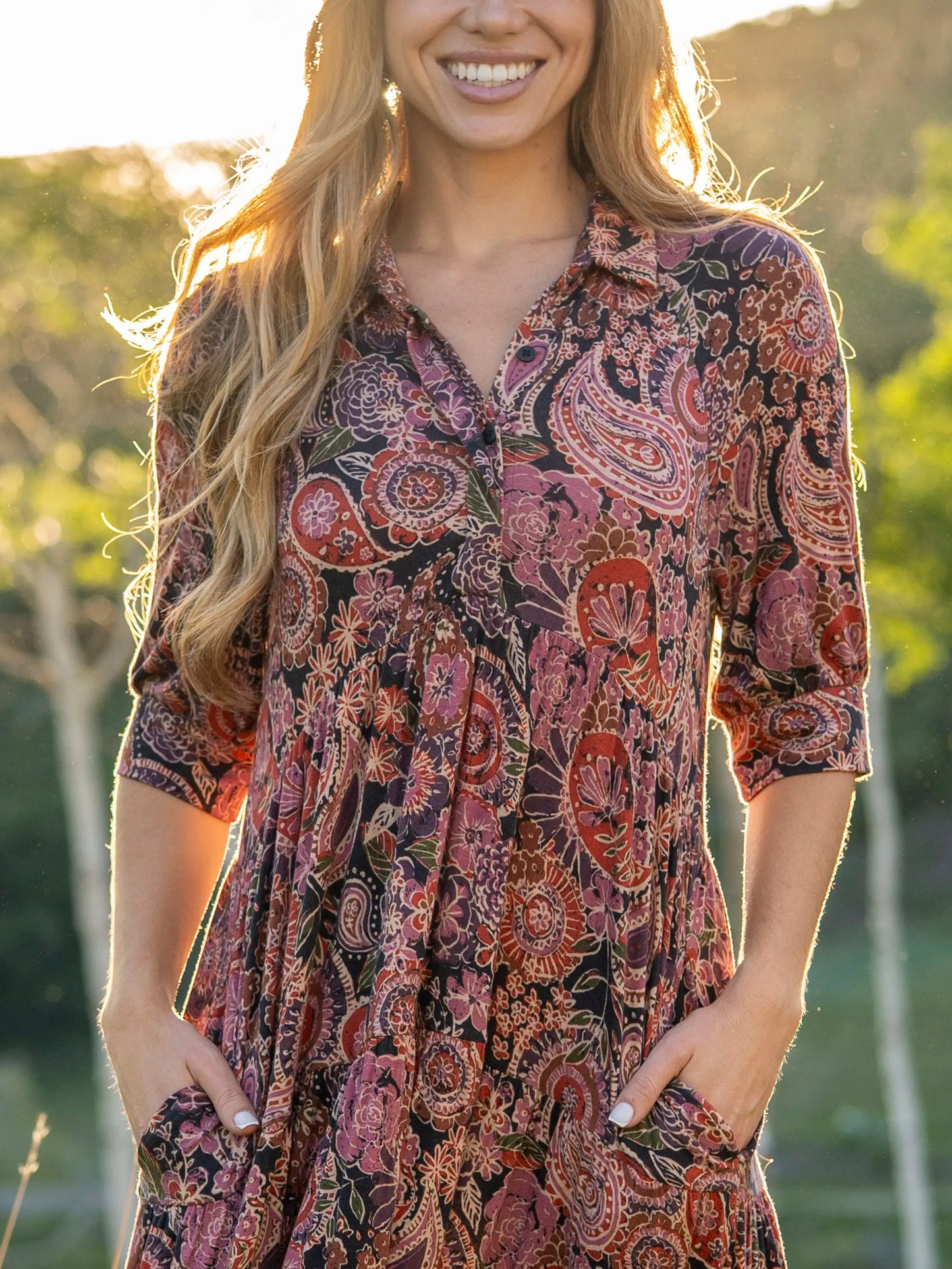 Rebecca "ButterSoft" Midi Dress - Black Sketched Paisley