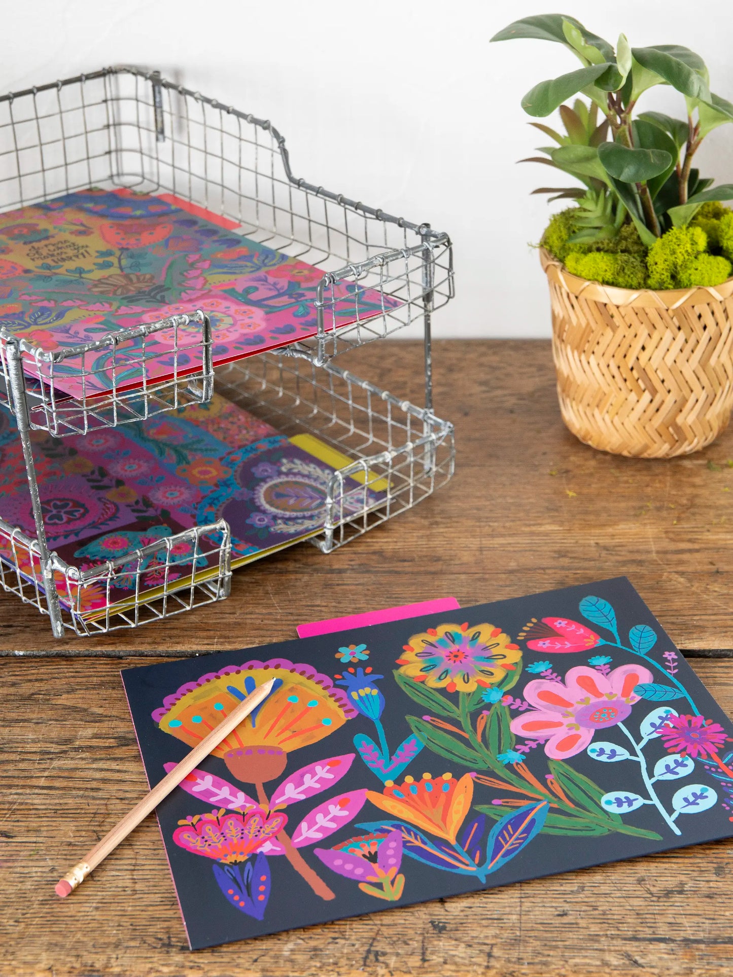 Colorful File Folders, Set of 6 - Navy Folk Flower