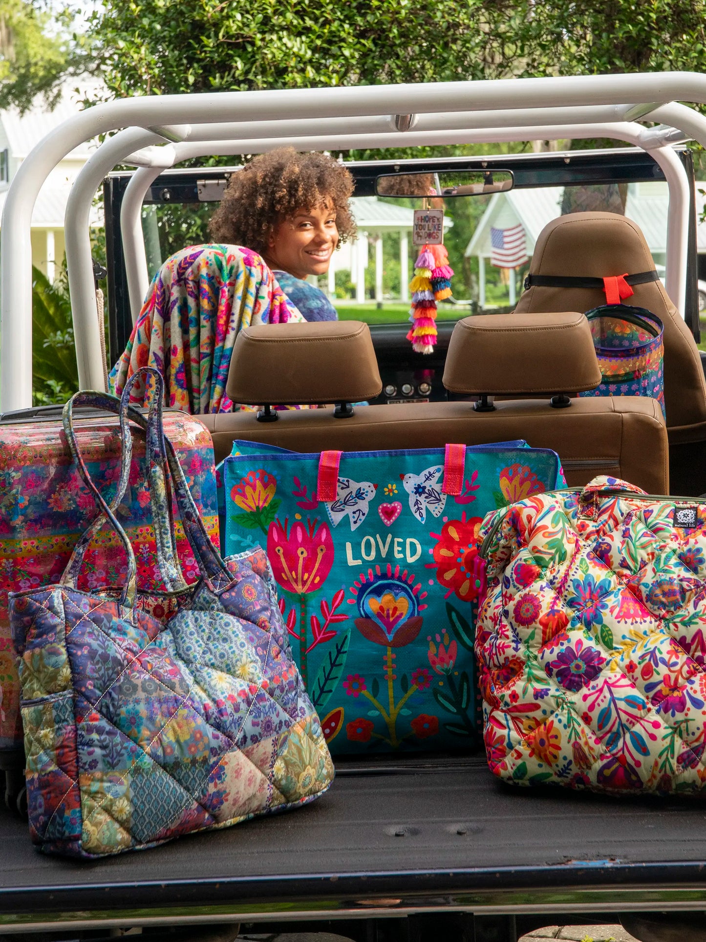 Reversible Puffy Tote Bag - Large Blue Patchwork