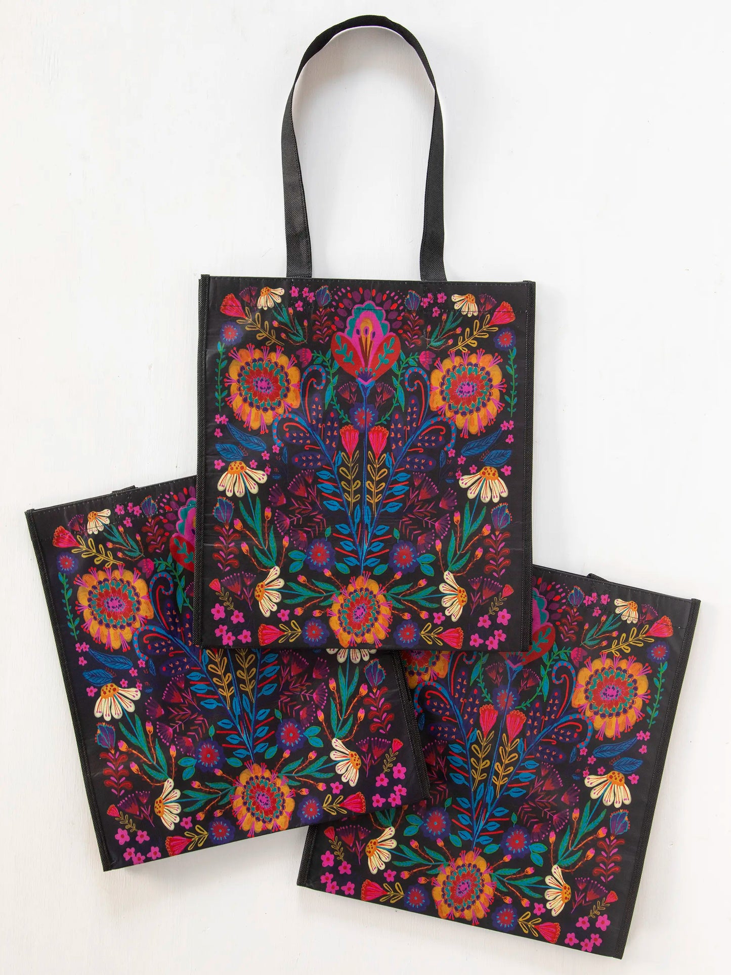 XL Happy Bag, Set of 3 - Black Folk Flower