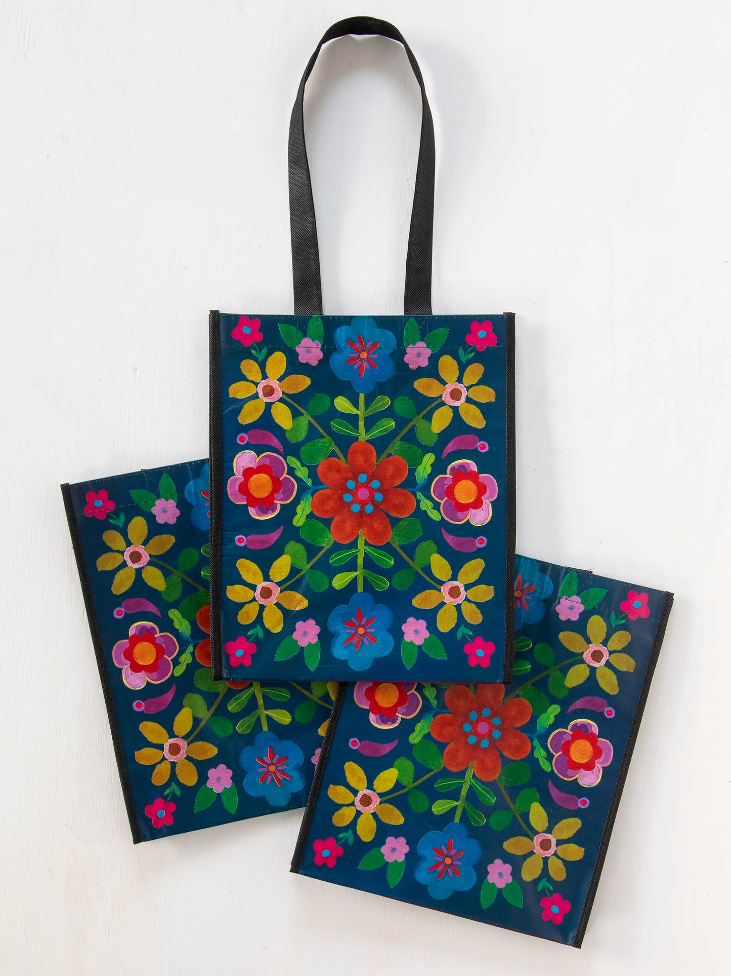 Large Happy Bag, Set of 3 - Teal Folk Flower