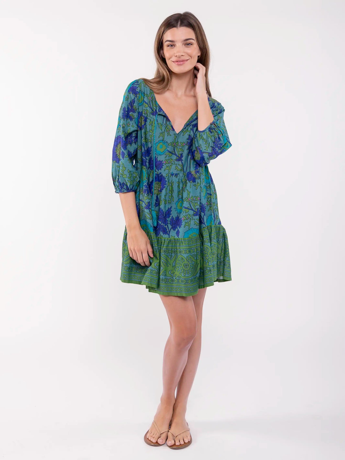 Auguste Cotton Mini Dress - Teal Leafy Floral