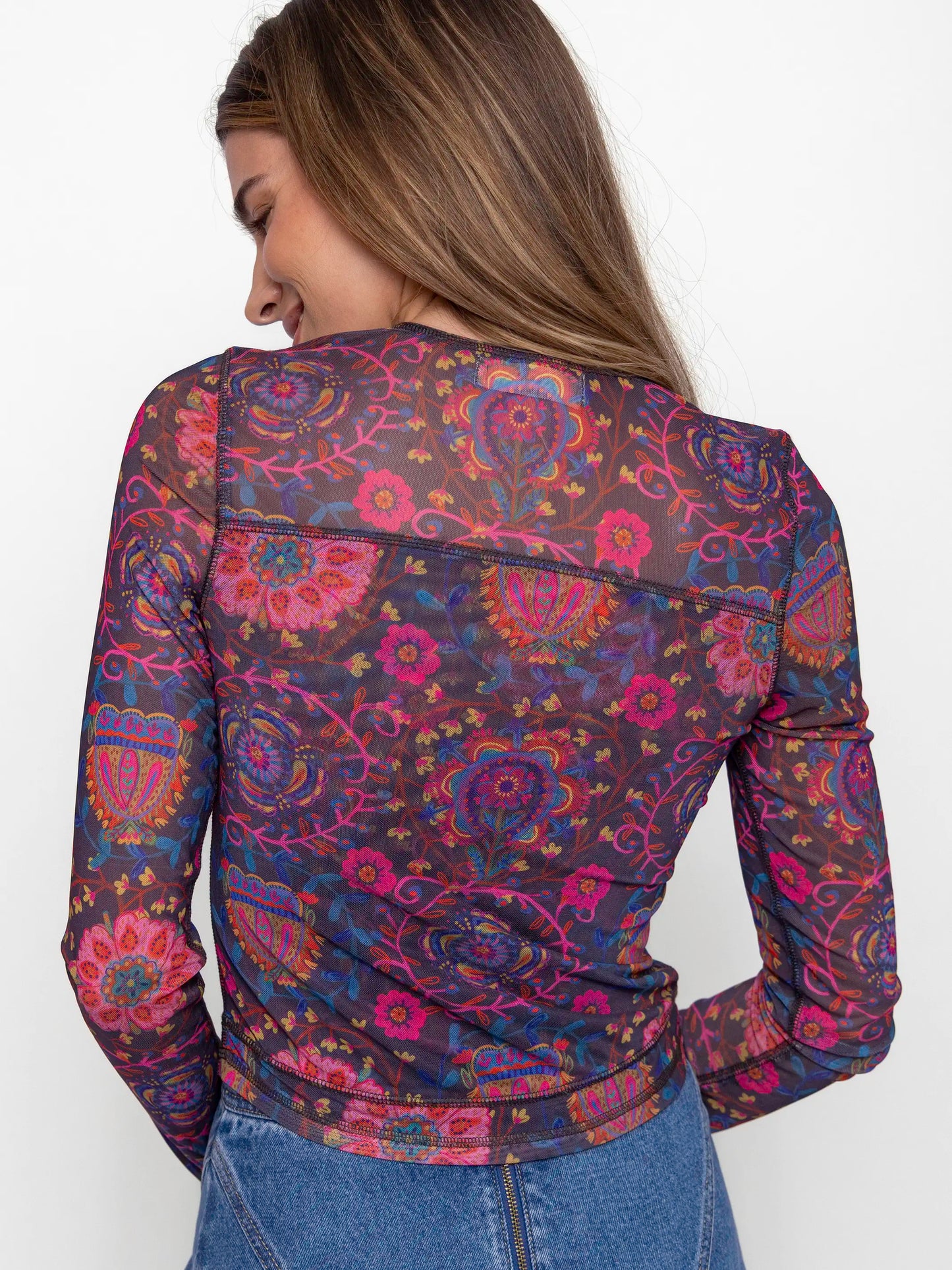 Sloane Mesh Long Sleeve Top - Enchanted Blooms