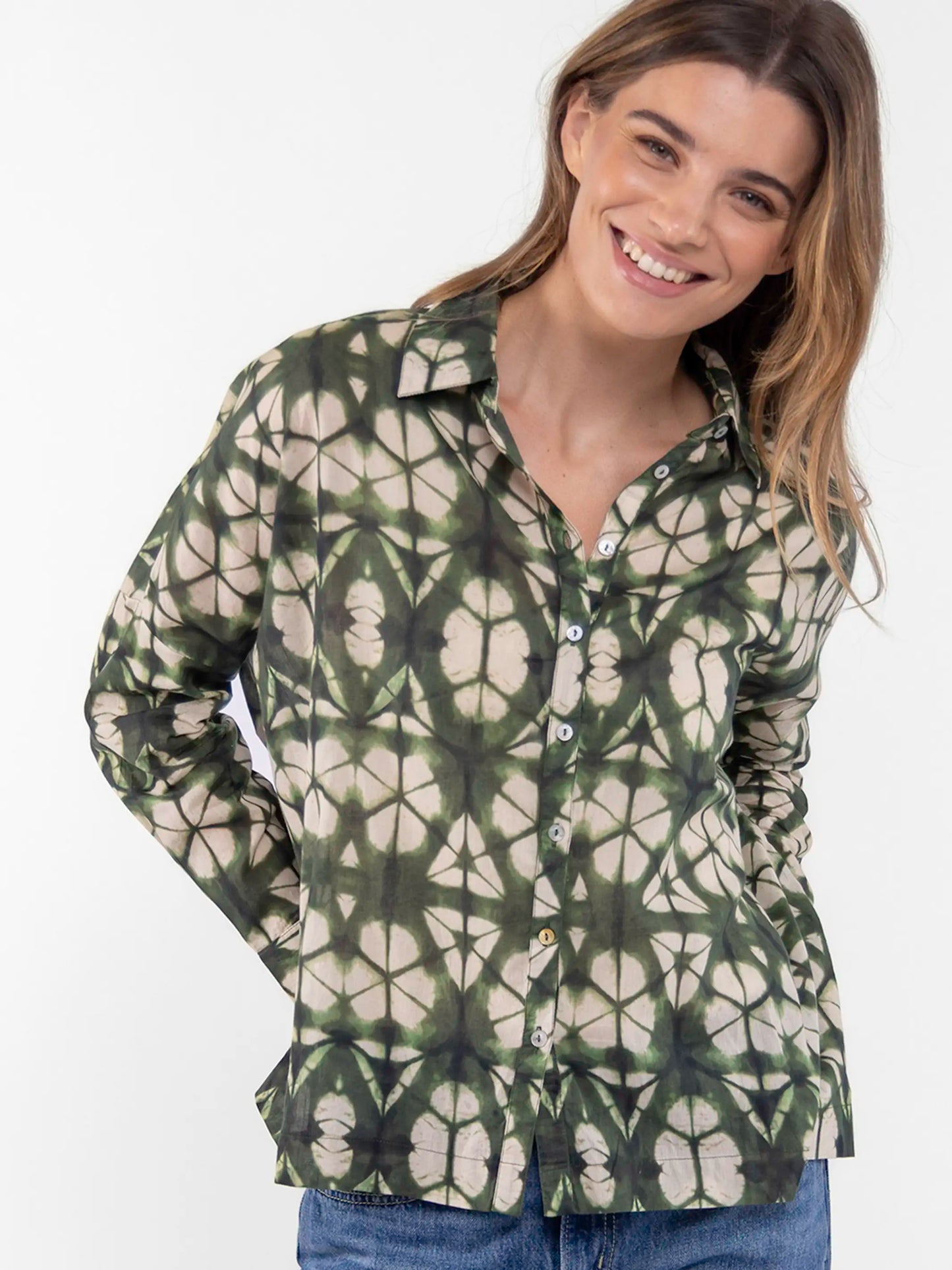 Lara Button Down - Olive Shibori Tie-Dye