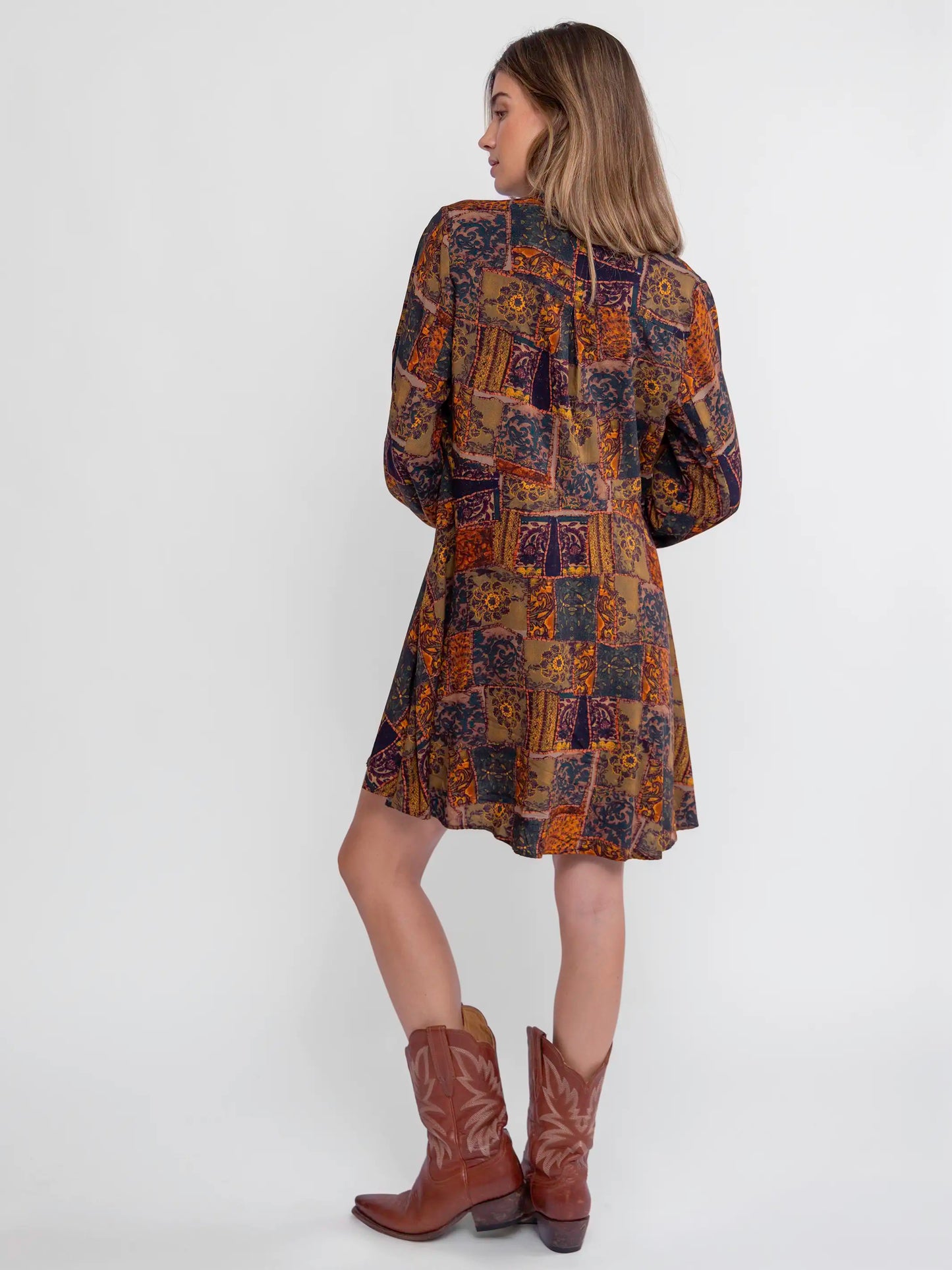 Ansley Woven Tunic Shirt Dress - Brown Paisley Patchwork