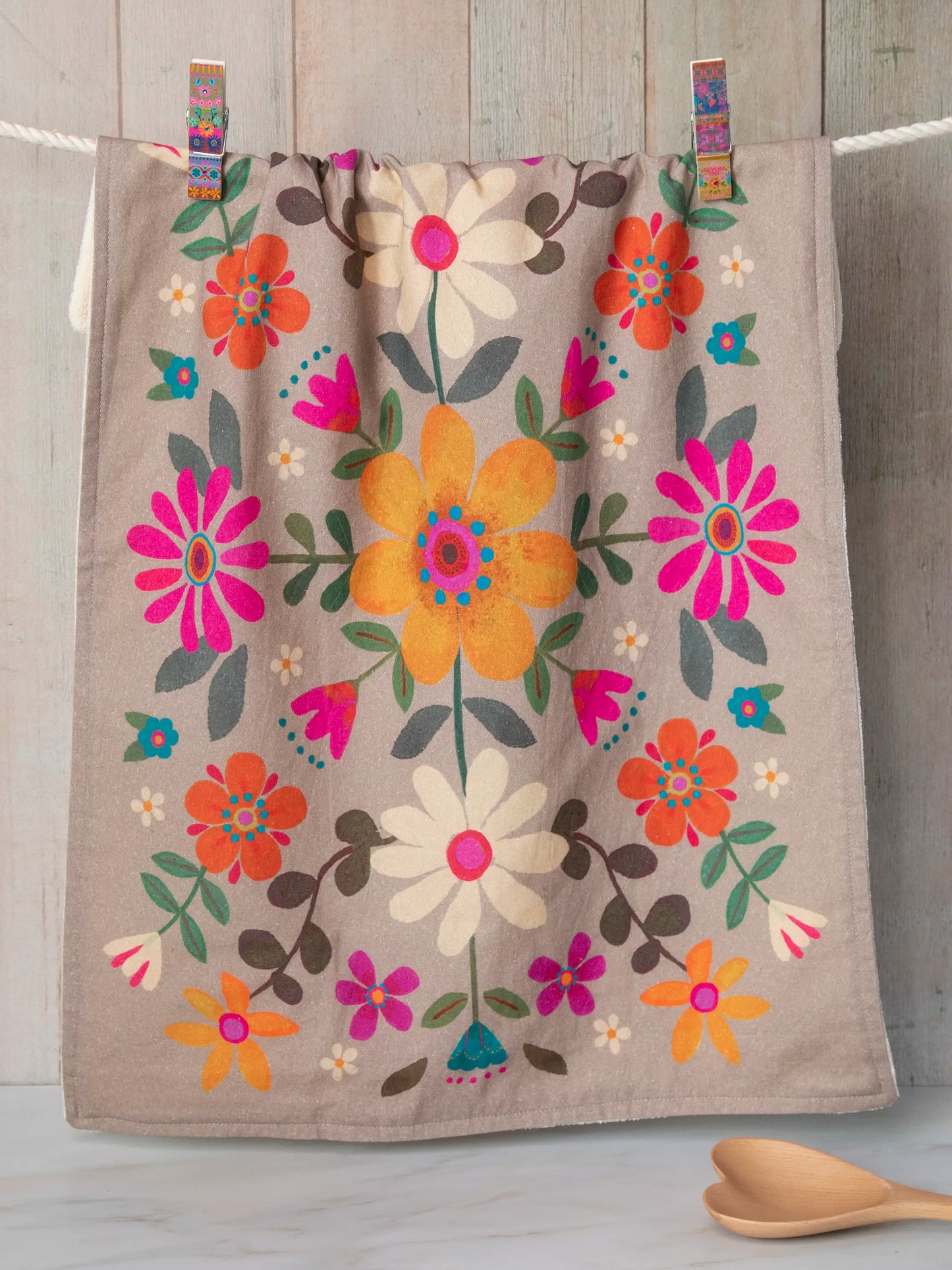 Cotton Dish Towel - Taupe Folk Flower