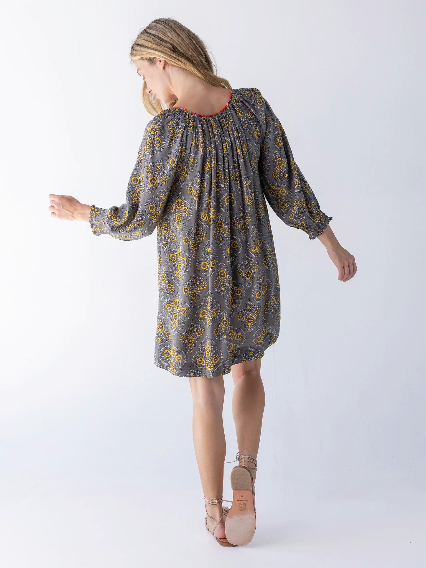 April Mini Dress - Grey Yellow Scrolls