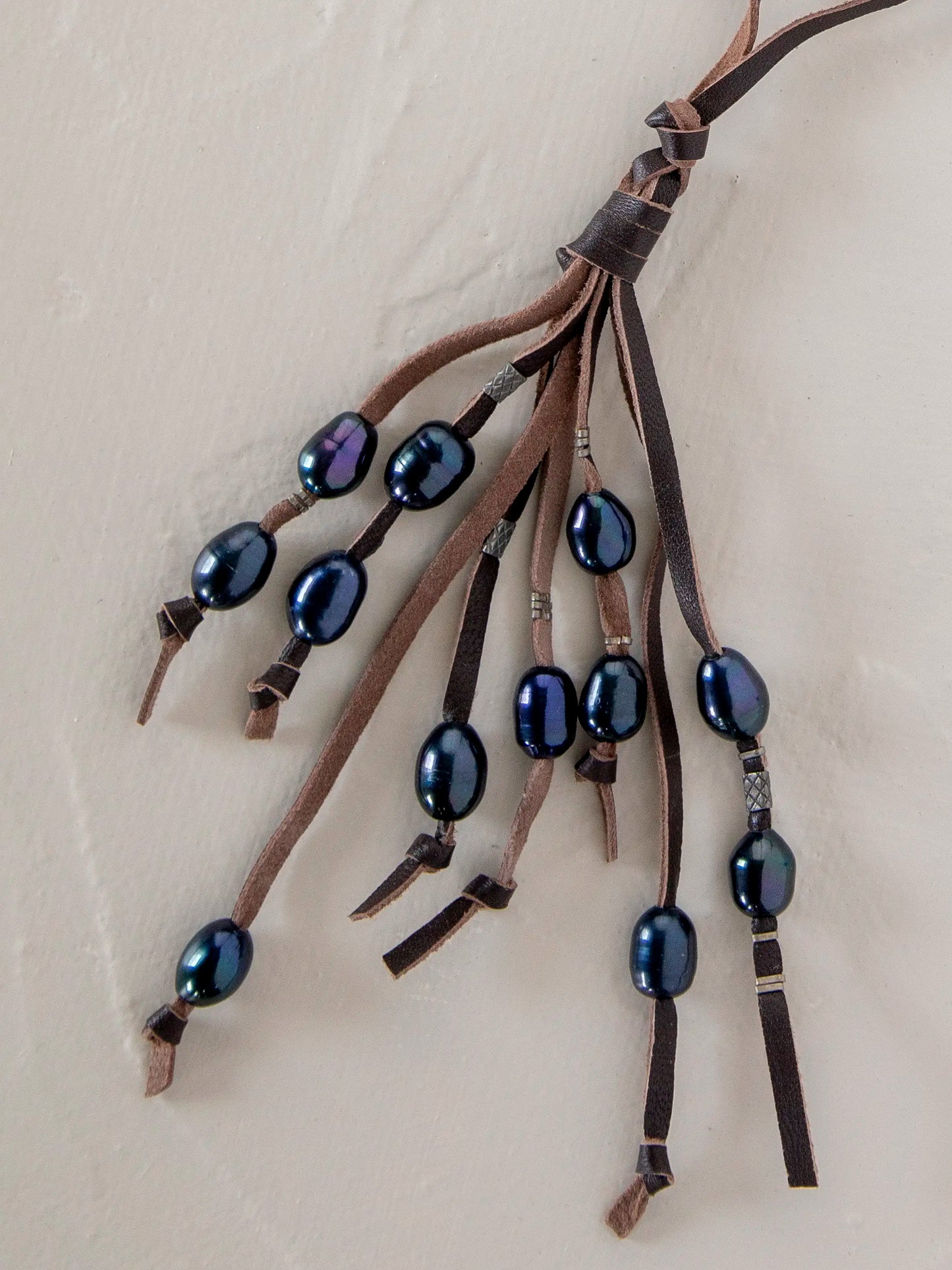 Real Pearl & Leather Tassel Necklace - Long Black