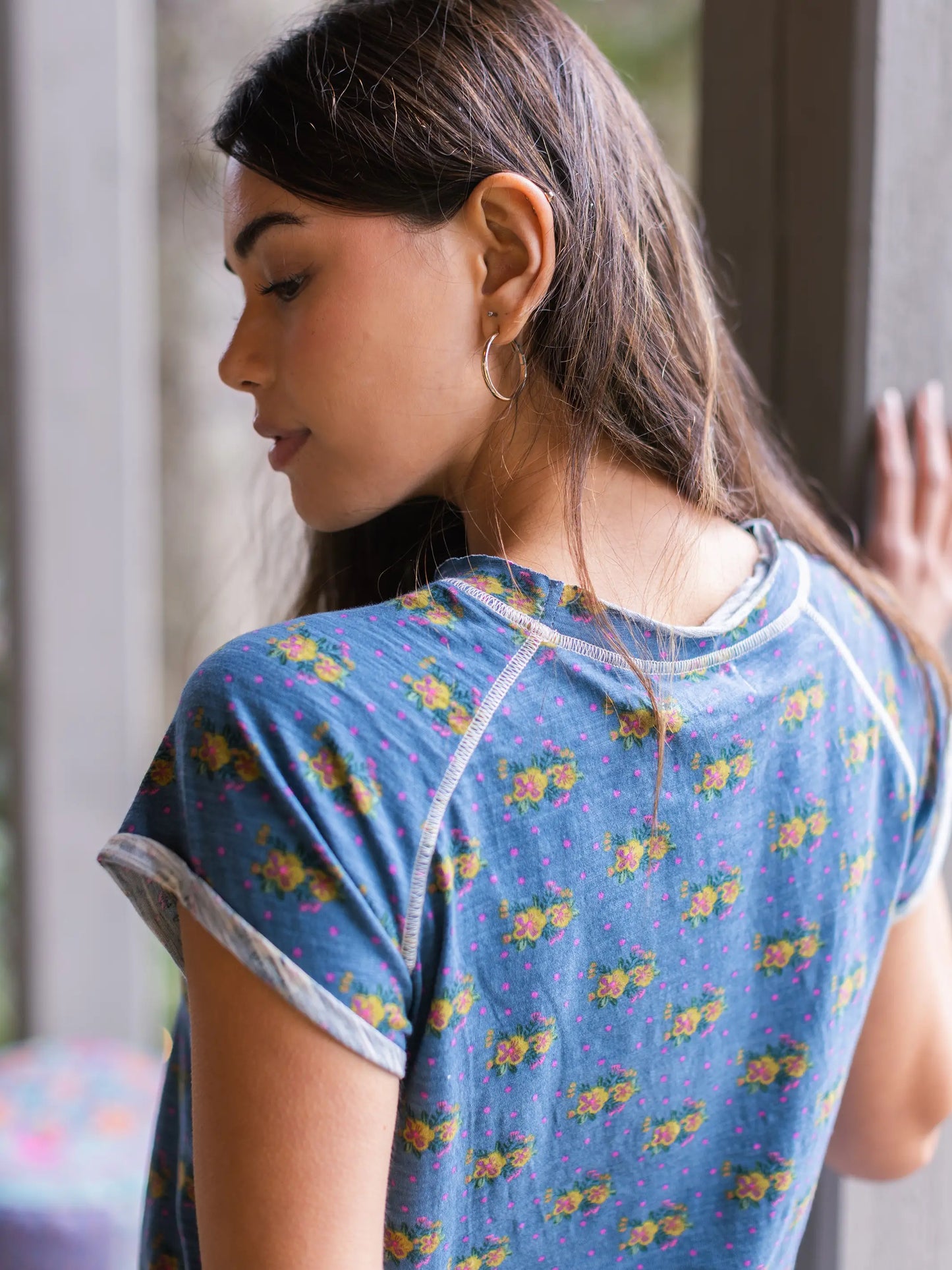 Lily Cotton Short Sleeve Tee Shirt - Blue Polka Dot Floral