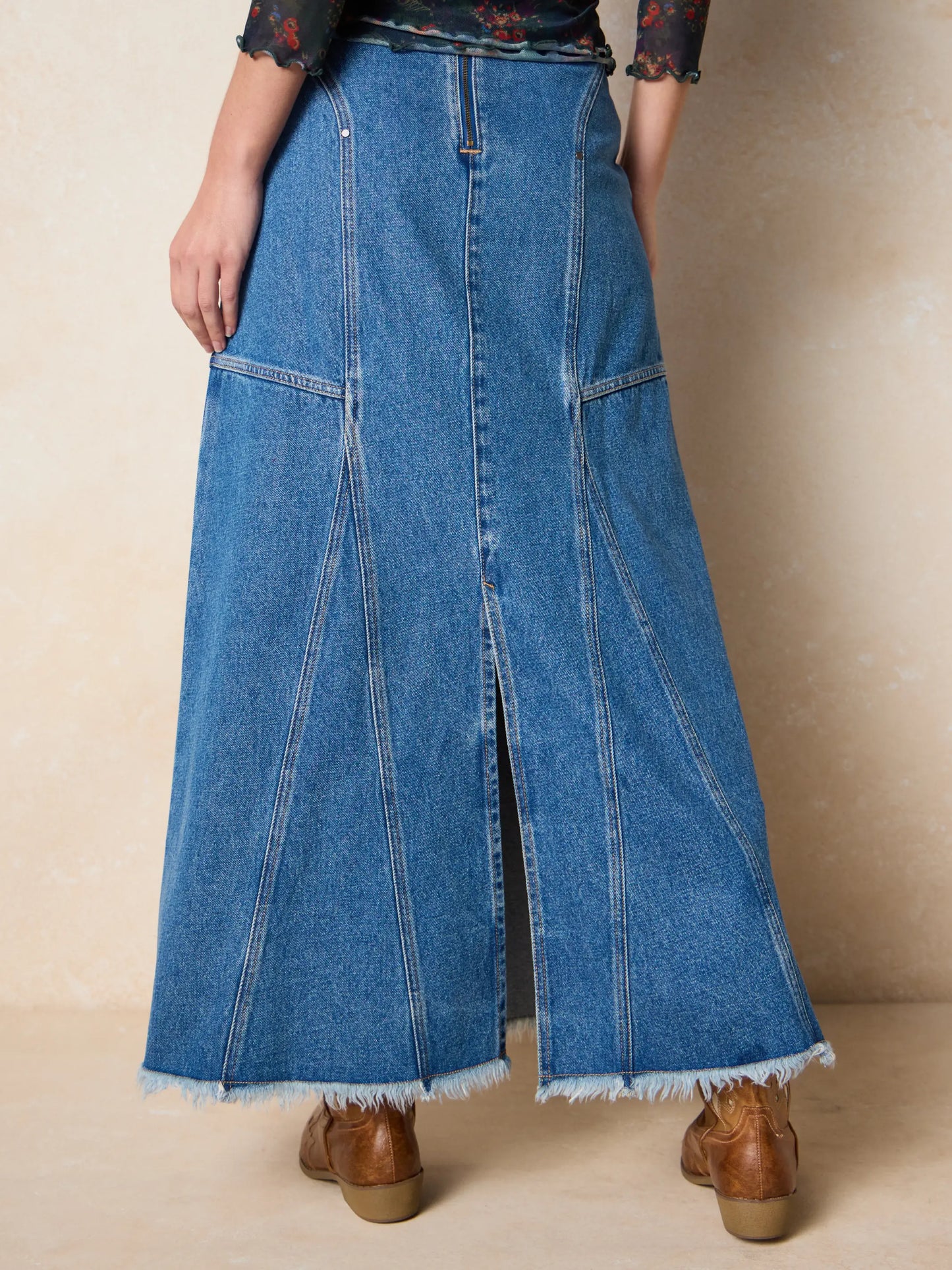 Fitted Cotton Denim Maxi Skirt - Medium Wash