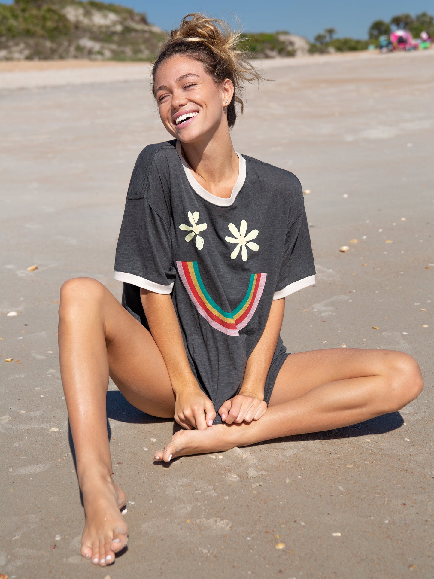 Ringer Oversized Tee Shirt - Charcoal Smiley