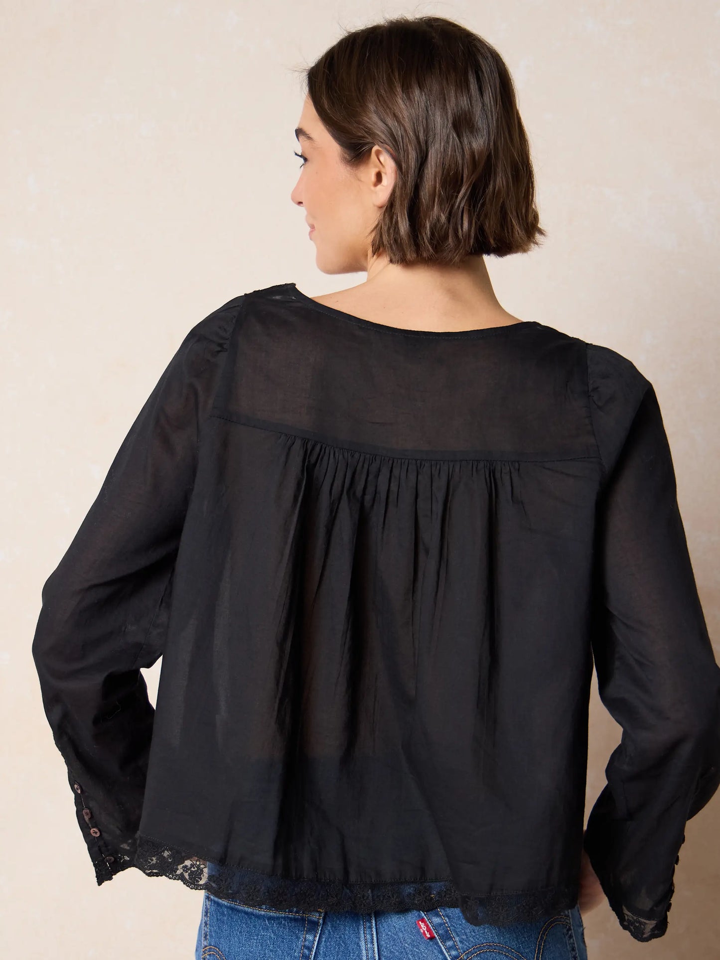 Prettiest Cotton Lace Long Sleeve Blouse - Black