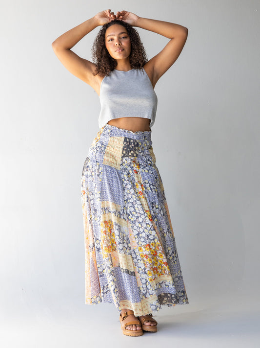 Laurel Convertible Maxi Skirt - Blue Yellow Patchwork