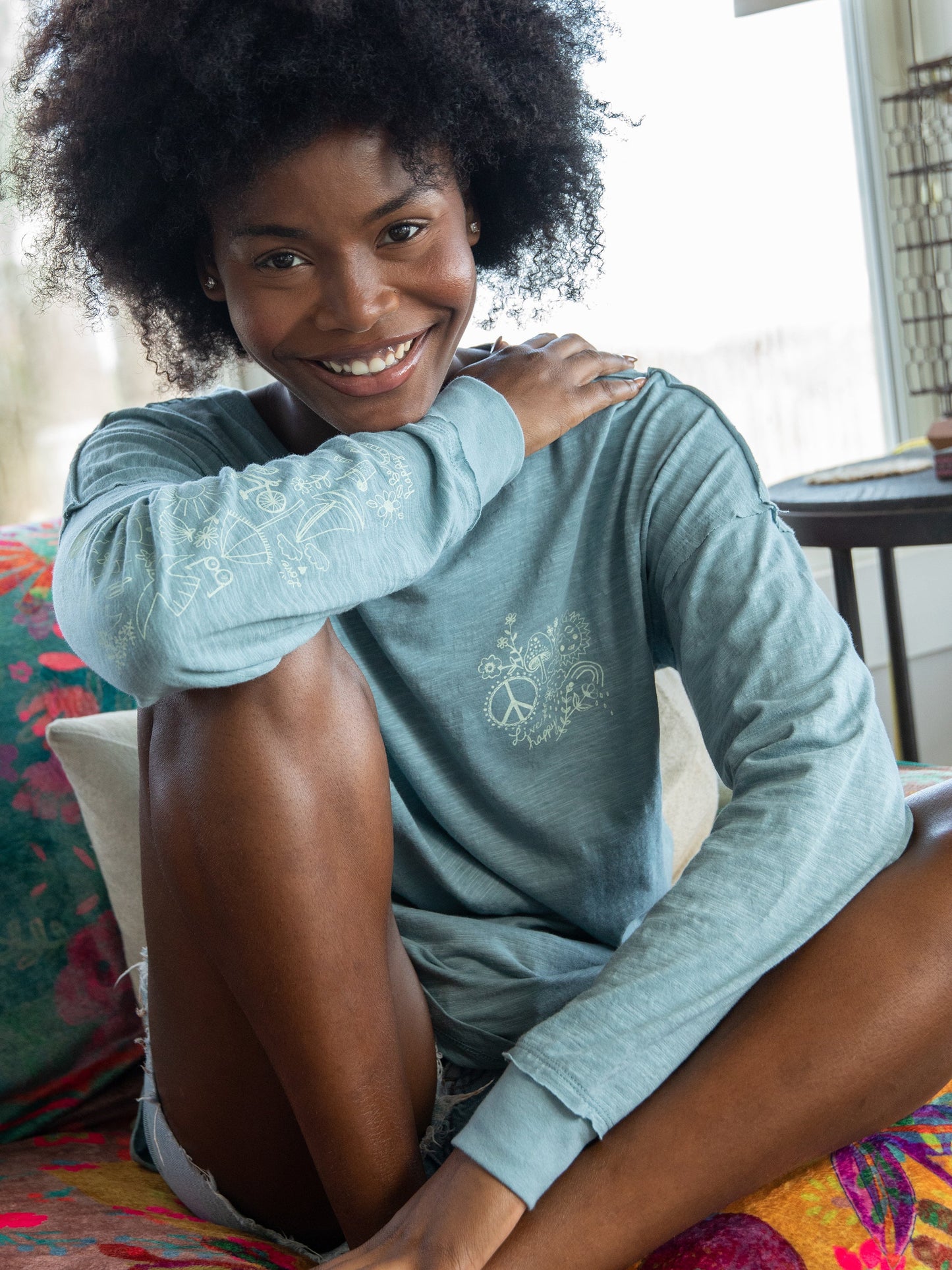 Oversized Cotton Doodle Tee - Light Blue