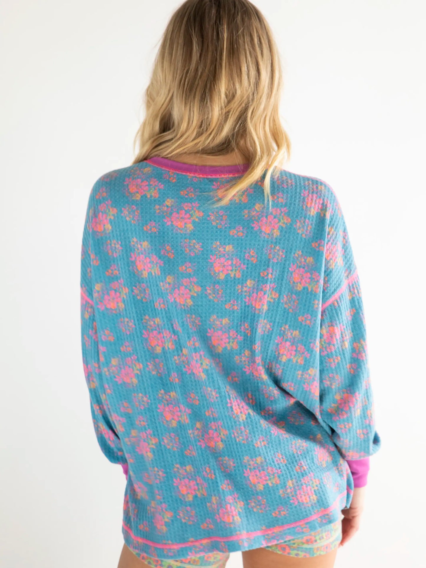 Mix & Match Waffle Pajama Top - Turquoise Floral Bouquets