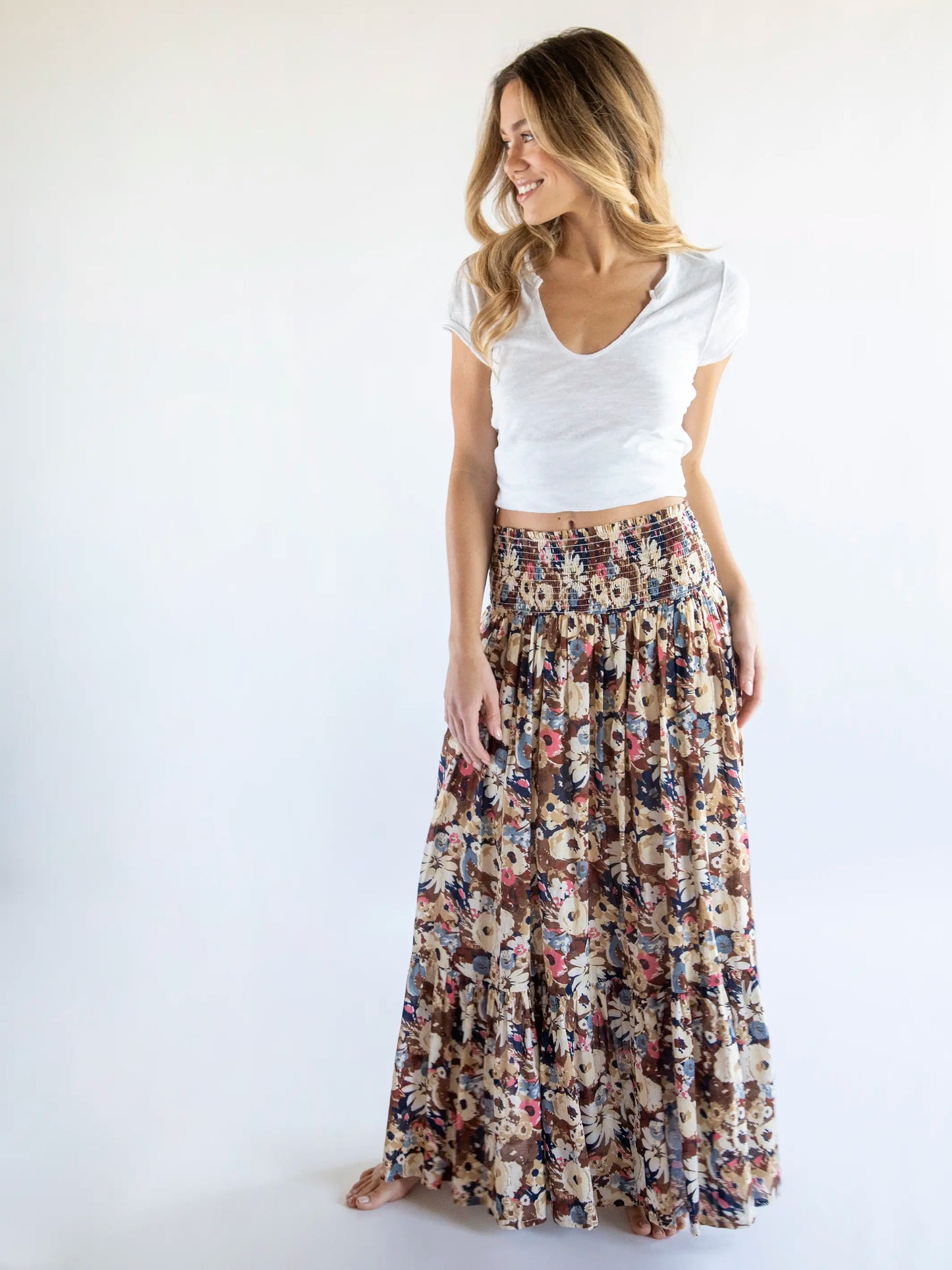Flora Convertible Maxi Skirt - Brown Navy Floral Cotton
