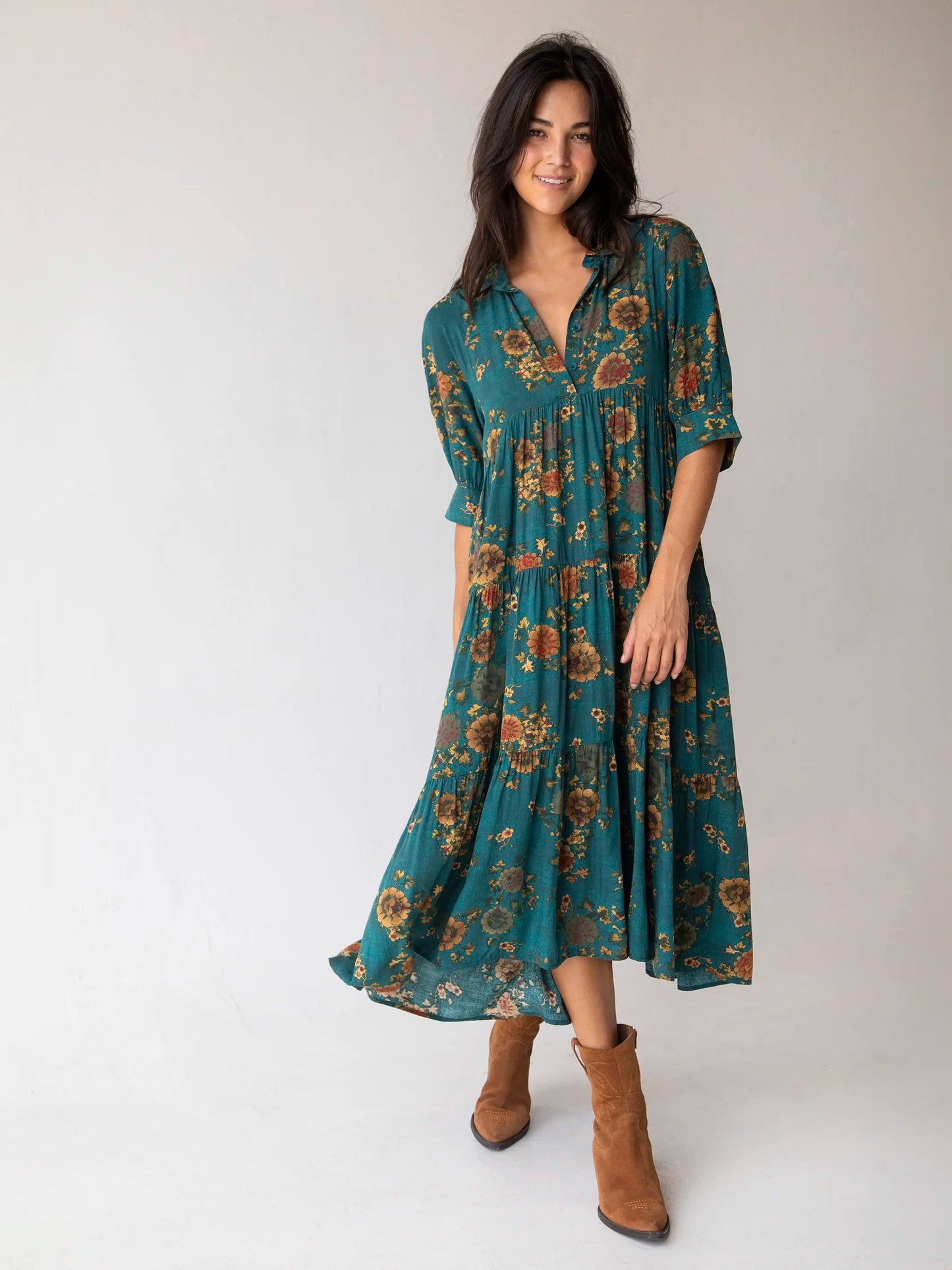 Rebecca Midi Dress - Teal Orange Clusters