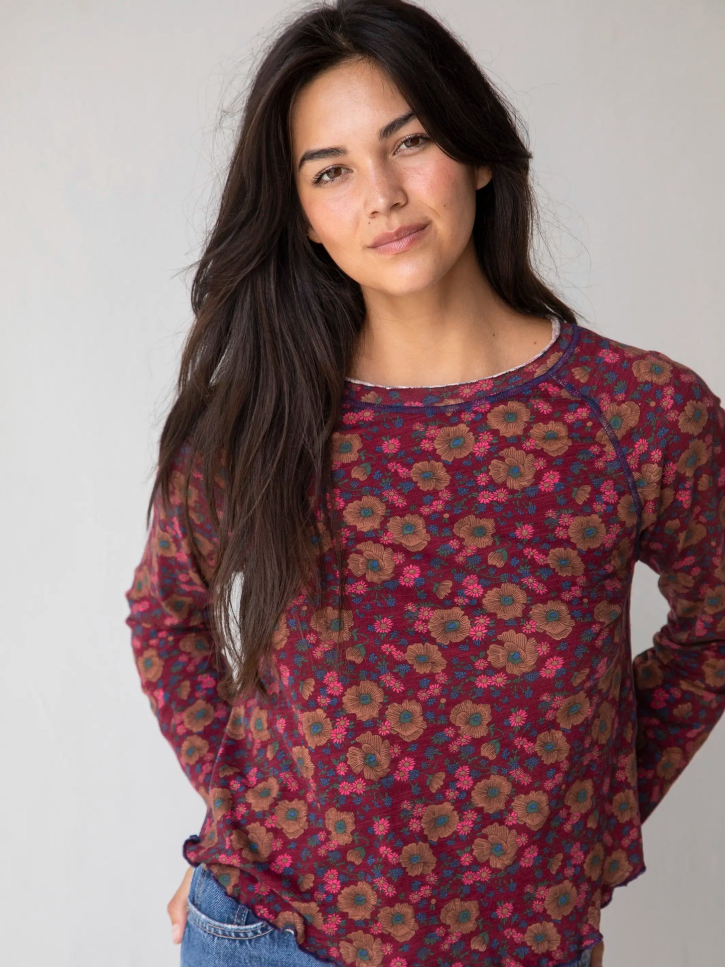 Lily Cotton Long Sleeve Tee Shirt - Cranberry Brown Floral