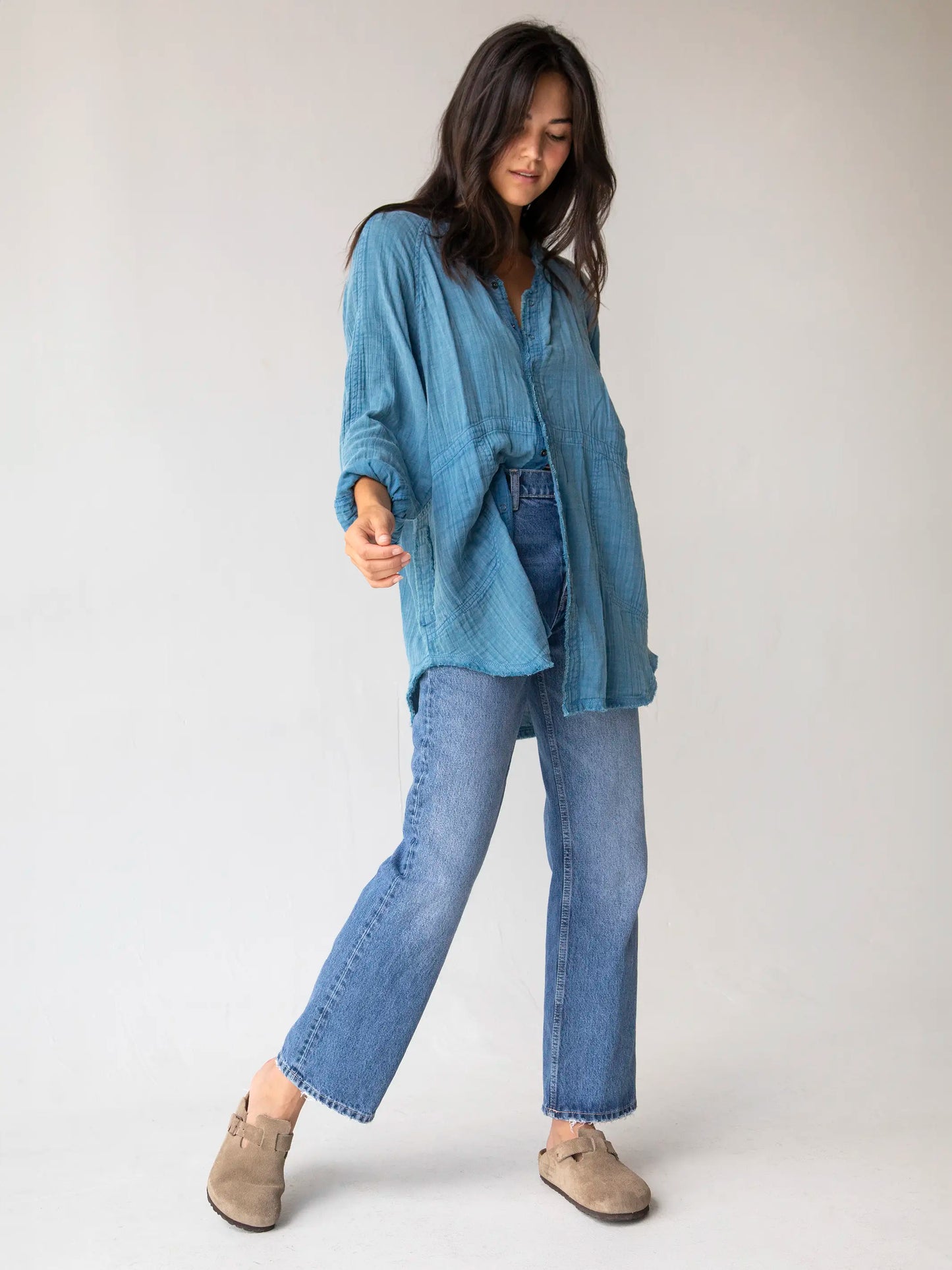 Laid Back Cotton Button Down Top - Blue