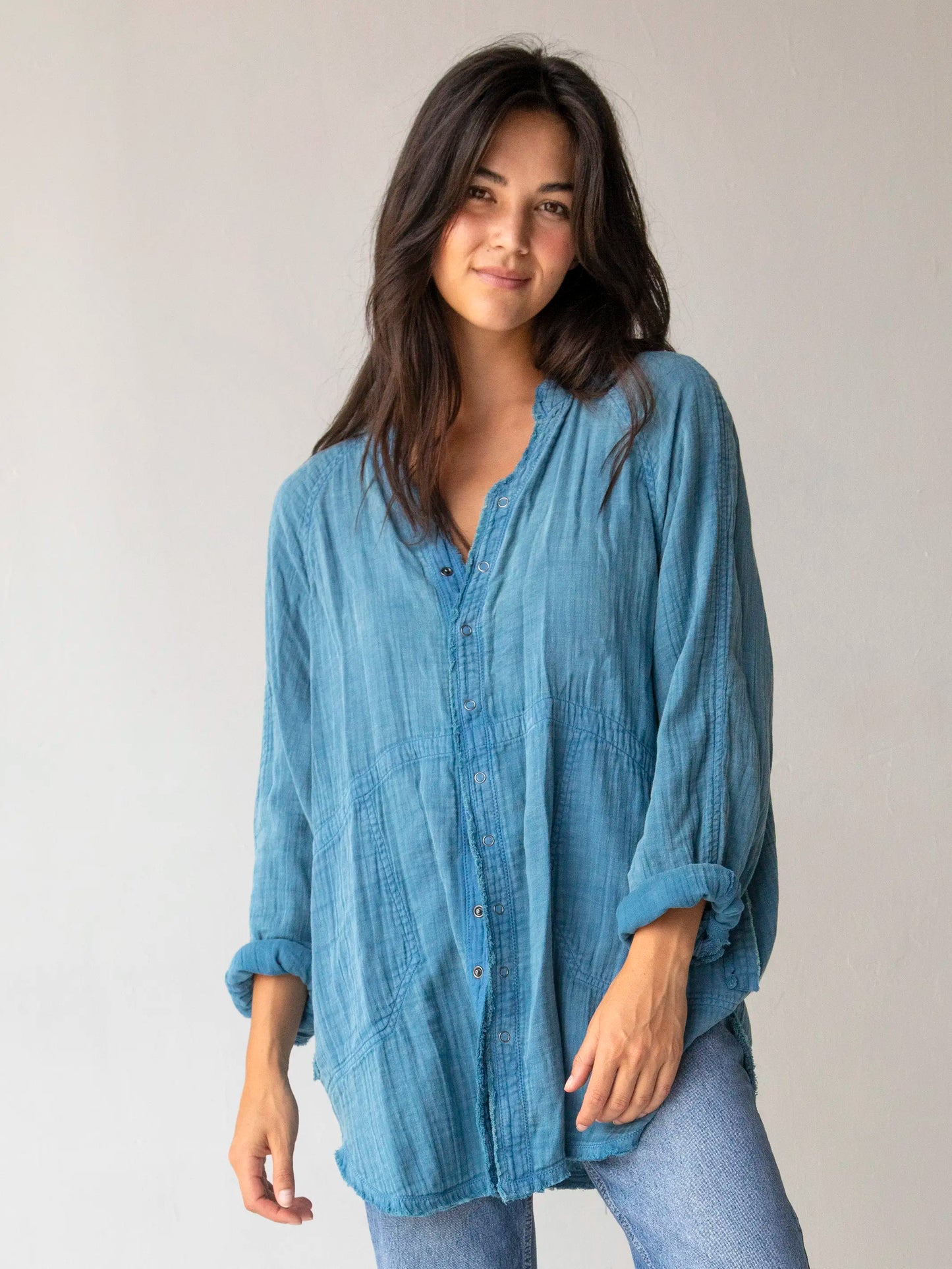 Laid Back Cotton Button Down Top - Blue