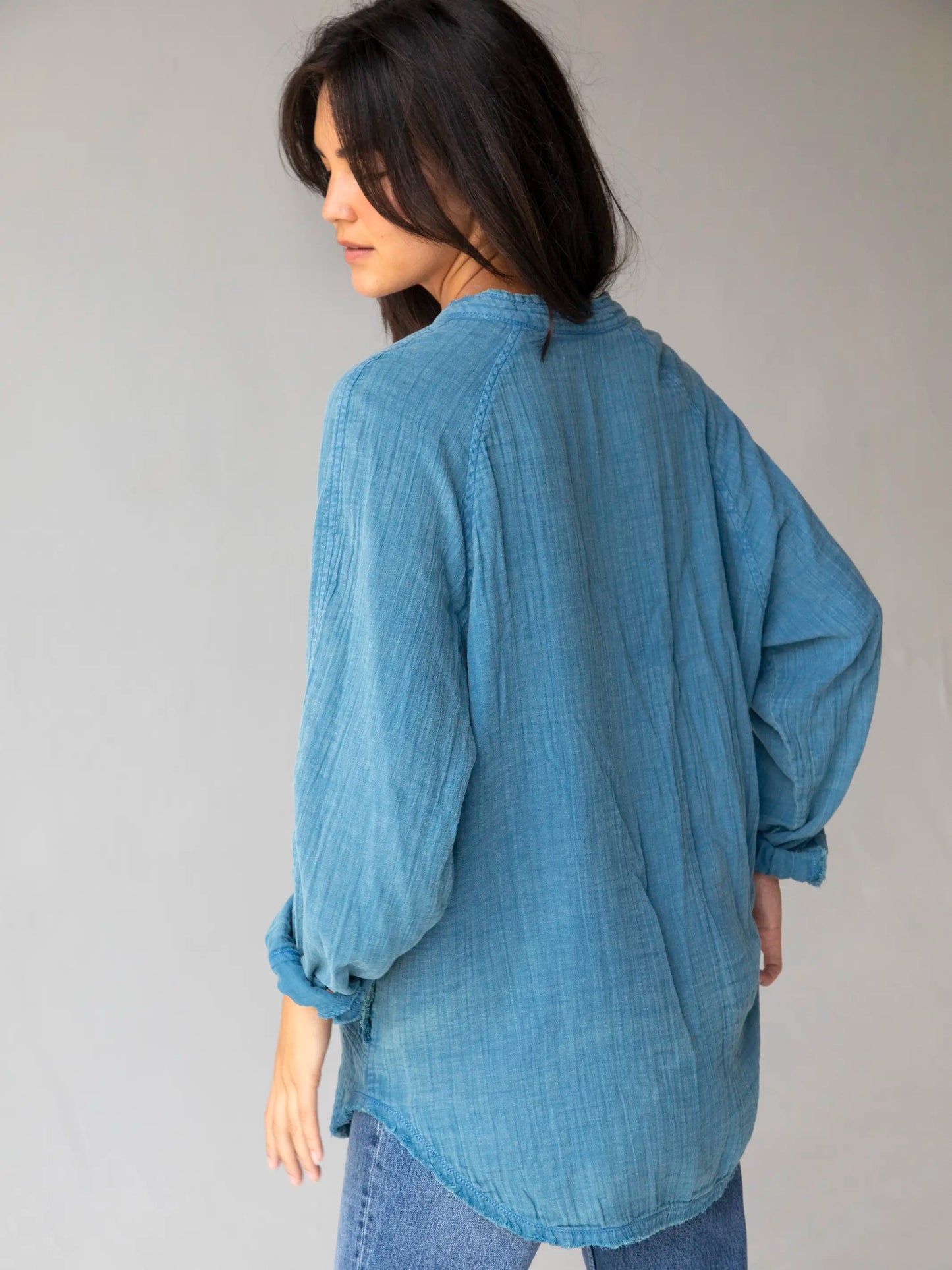 Laid Back Cotton Button Down Top - Blue