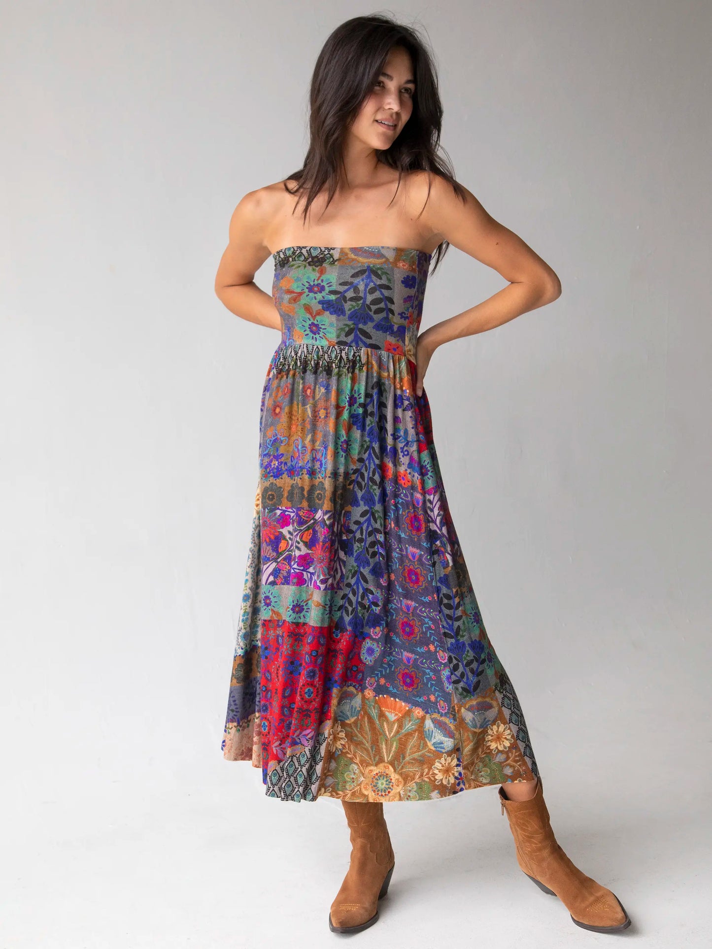 Live-In-It Knit "ButterSoft" Maxi Skirt - Blue Patchwork